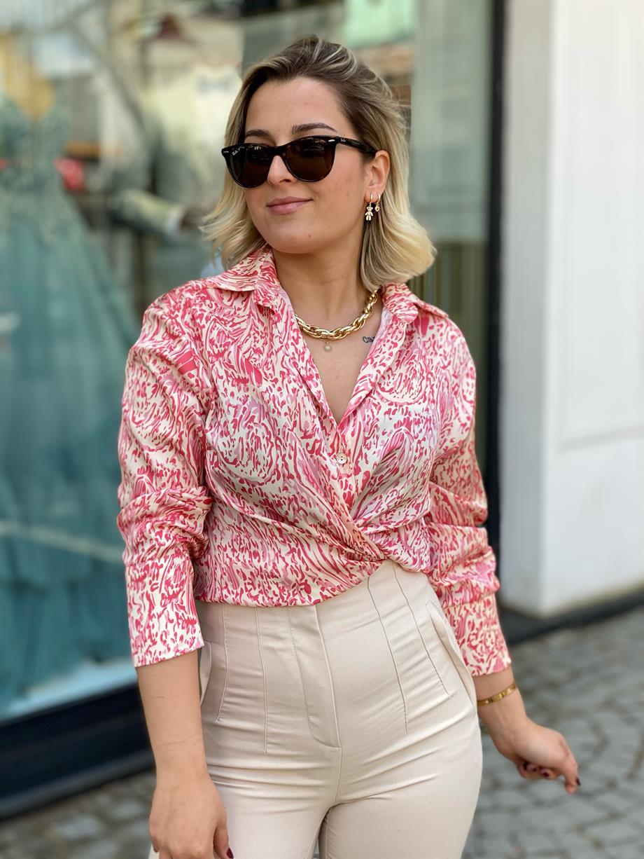 V Yaka Pembe İpek Saten Gömlek 