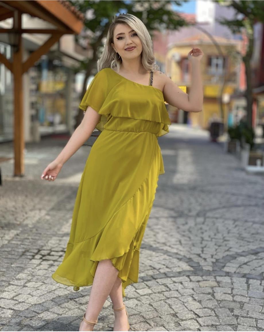 Yağ Yeşili Tek Omuz Taşlı Şifon Elbise 