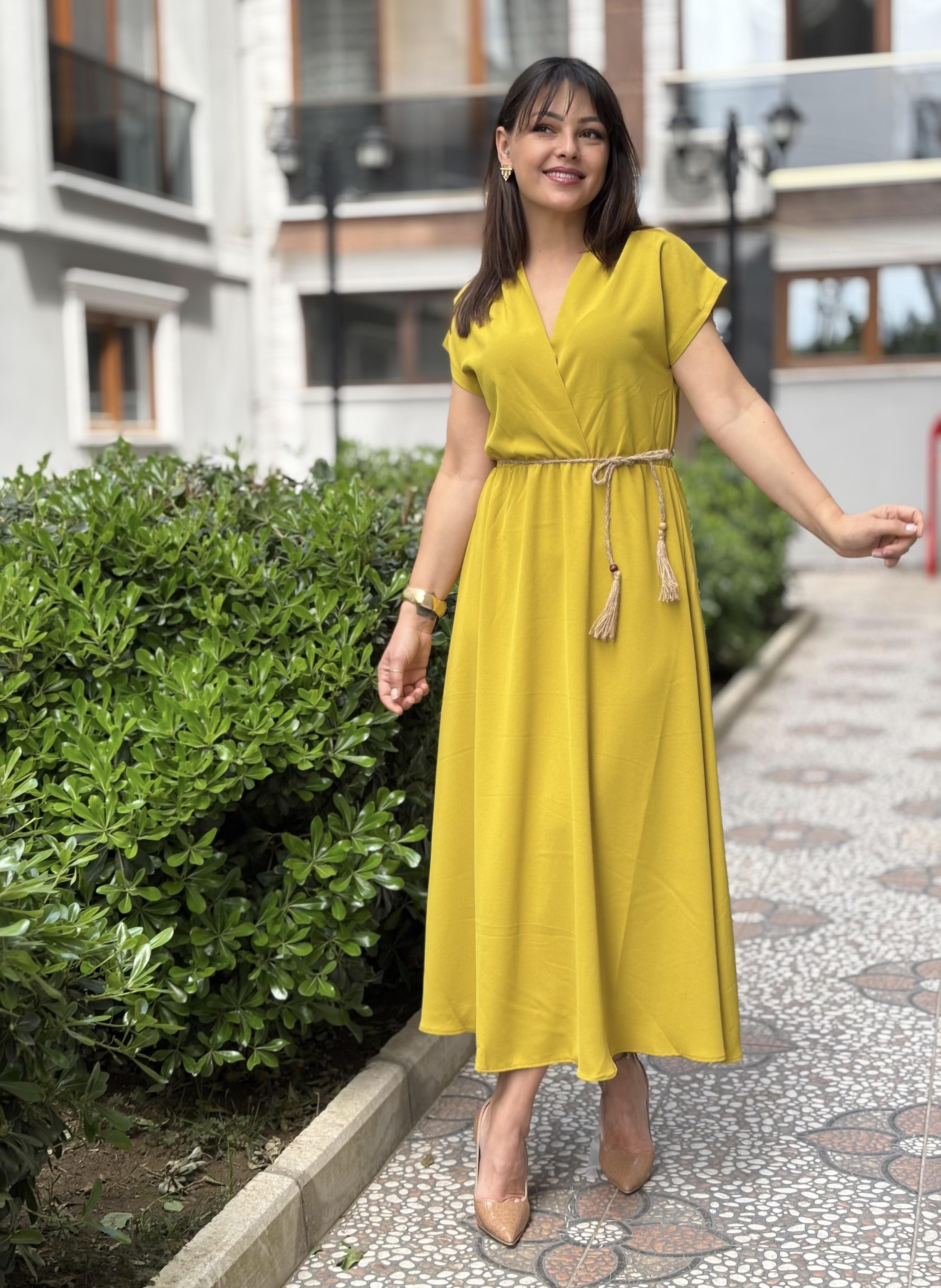 Yağyeşili Kruvaze Elbise 