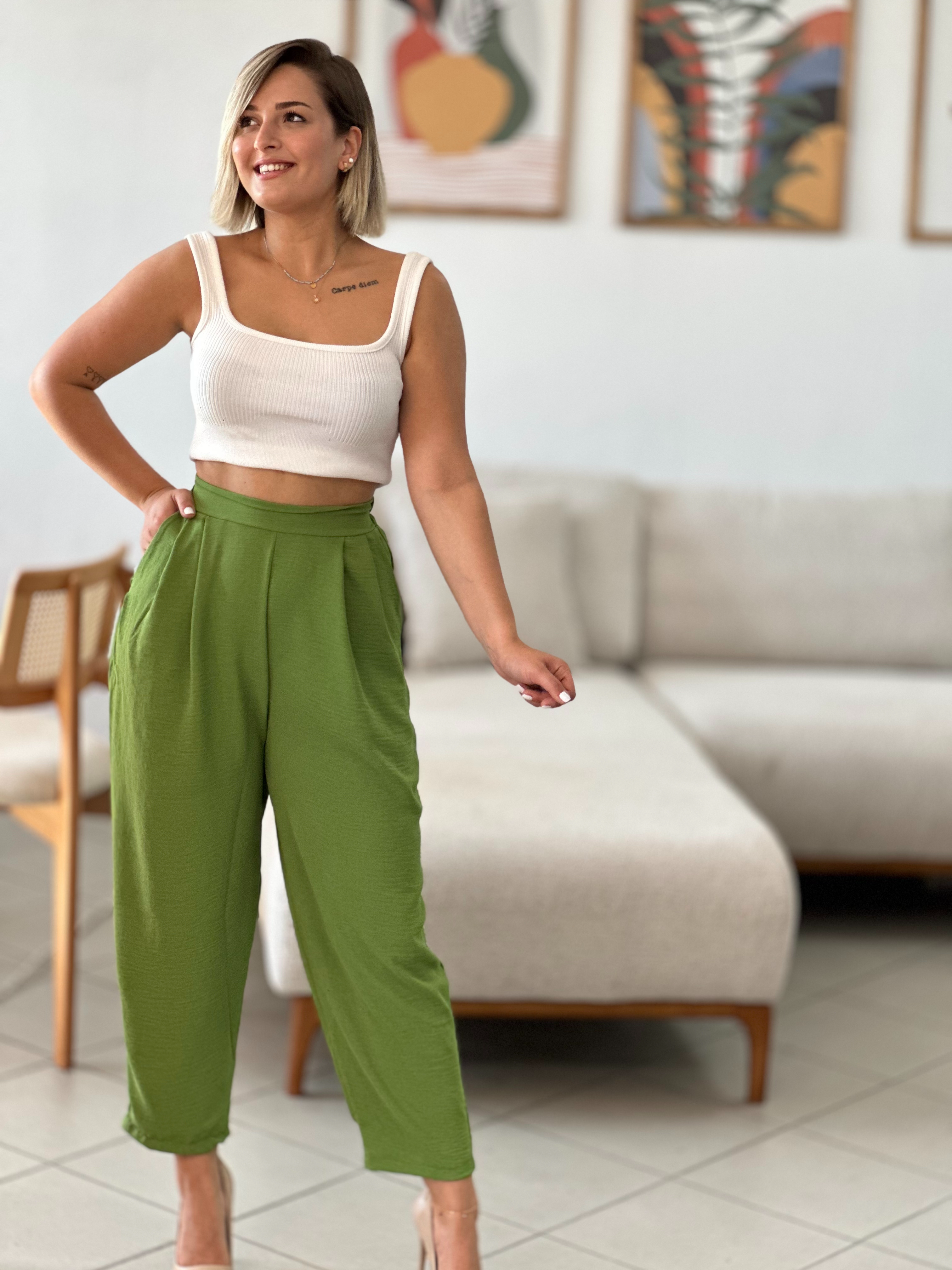 Yeşil Ayrobin Keten Havuç Pantalon