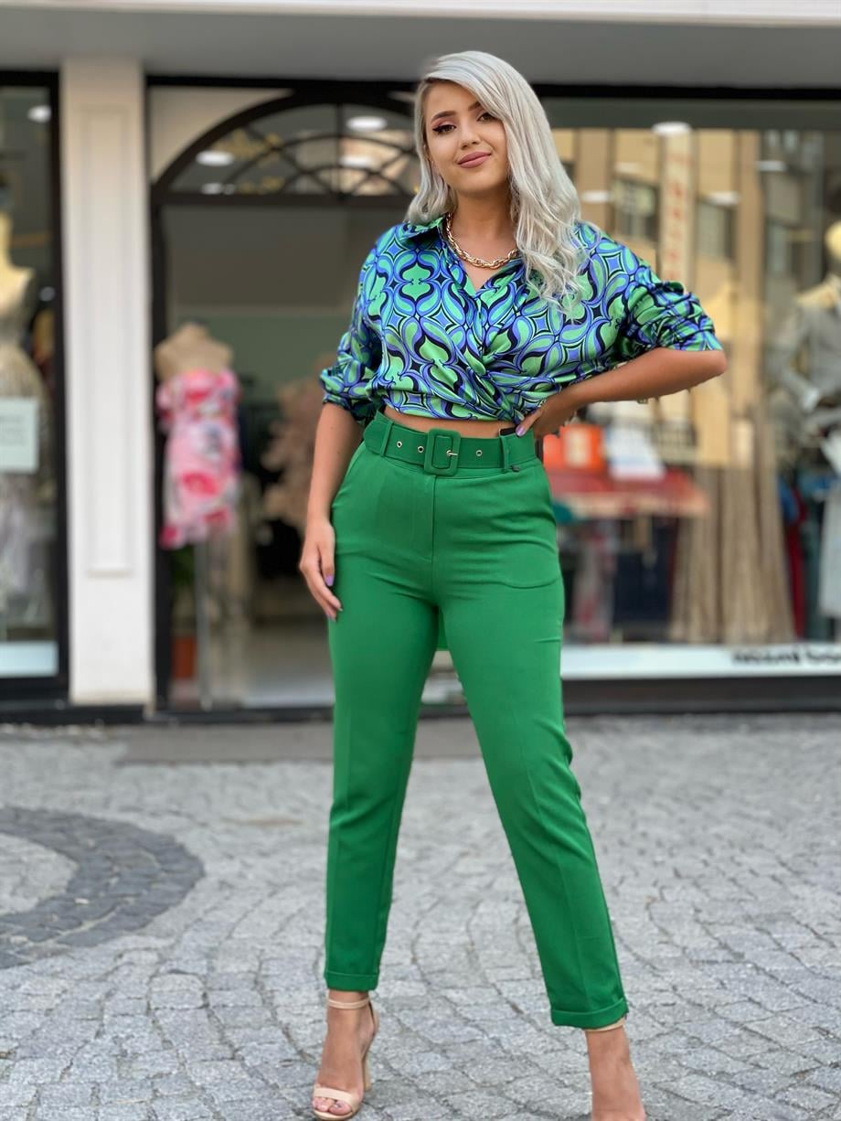 Yeşil Duble Paça Kemerli Pantalon