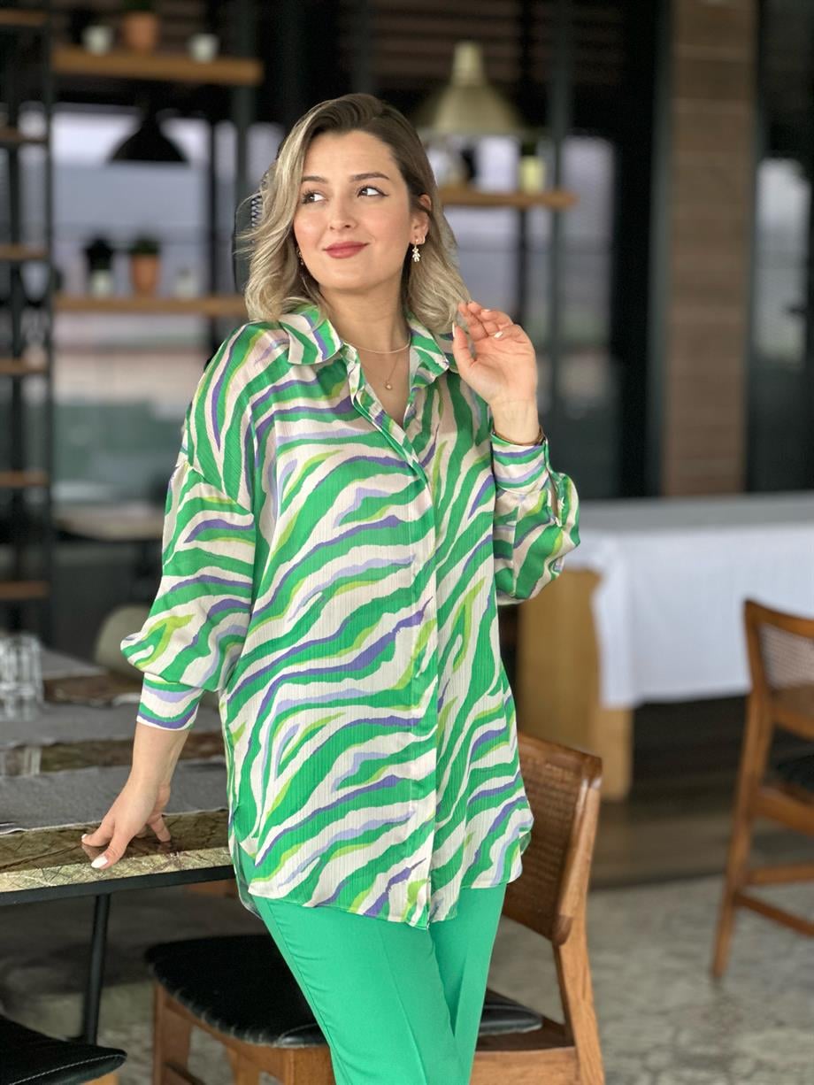 Yeşil Zebra Desen Salaş Gömlek 