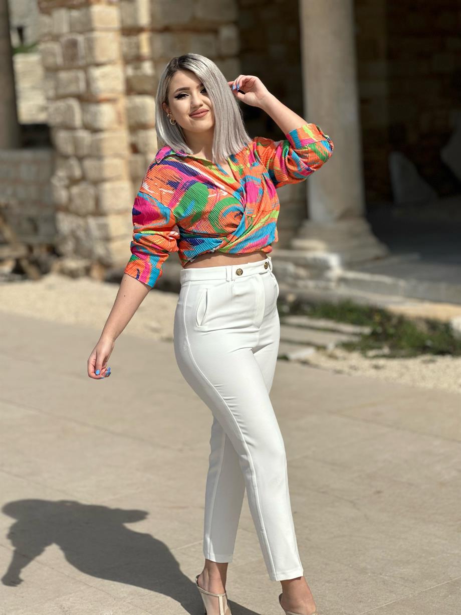 Yüksek Bel Gold Düğme Detay Beyaz Pantalon