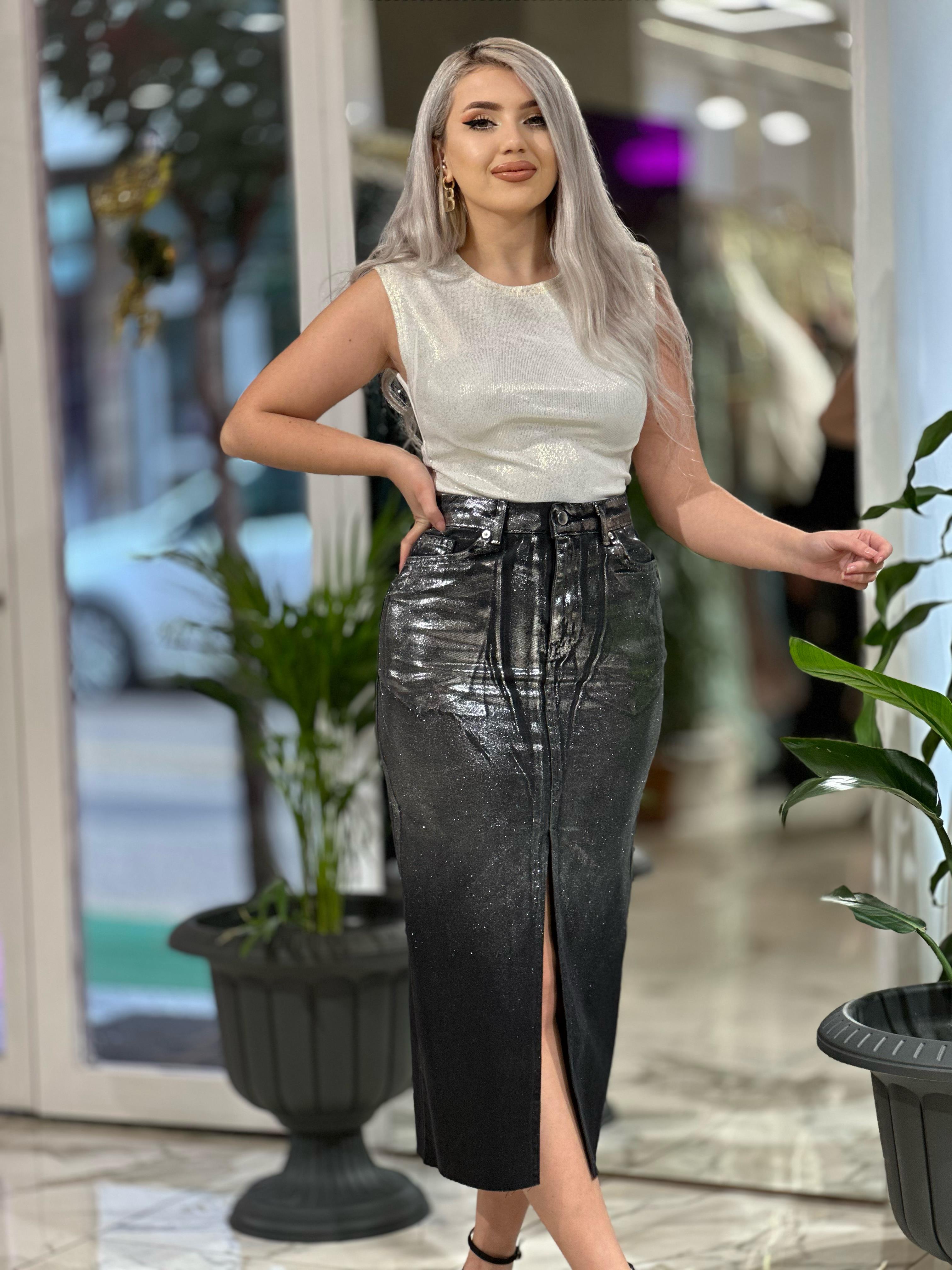 Yüksek Bel Yırtmaç Detay Simli Etek