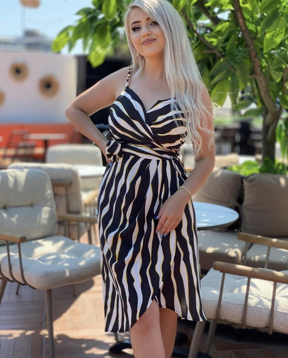 Zincir Askılı Zebra Desen Kruvaze Elbise