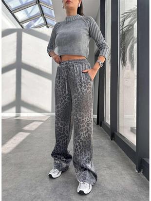Leopar Beli Lastikli Pantalon Gri