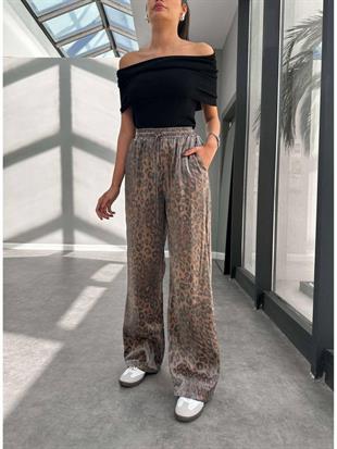 Leopar Beli Lastikli Pantalon Kahve