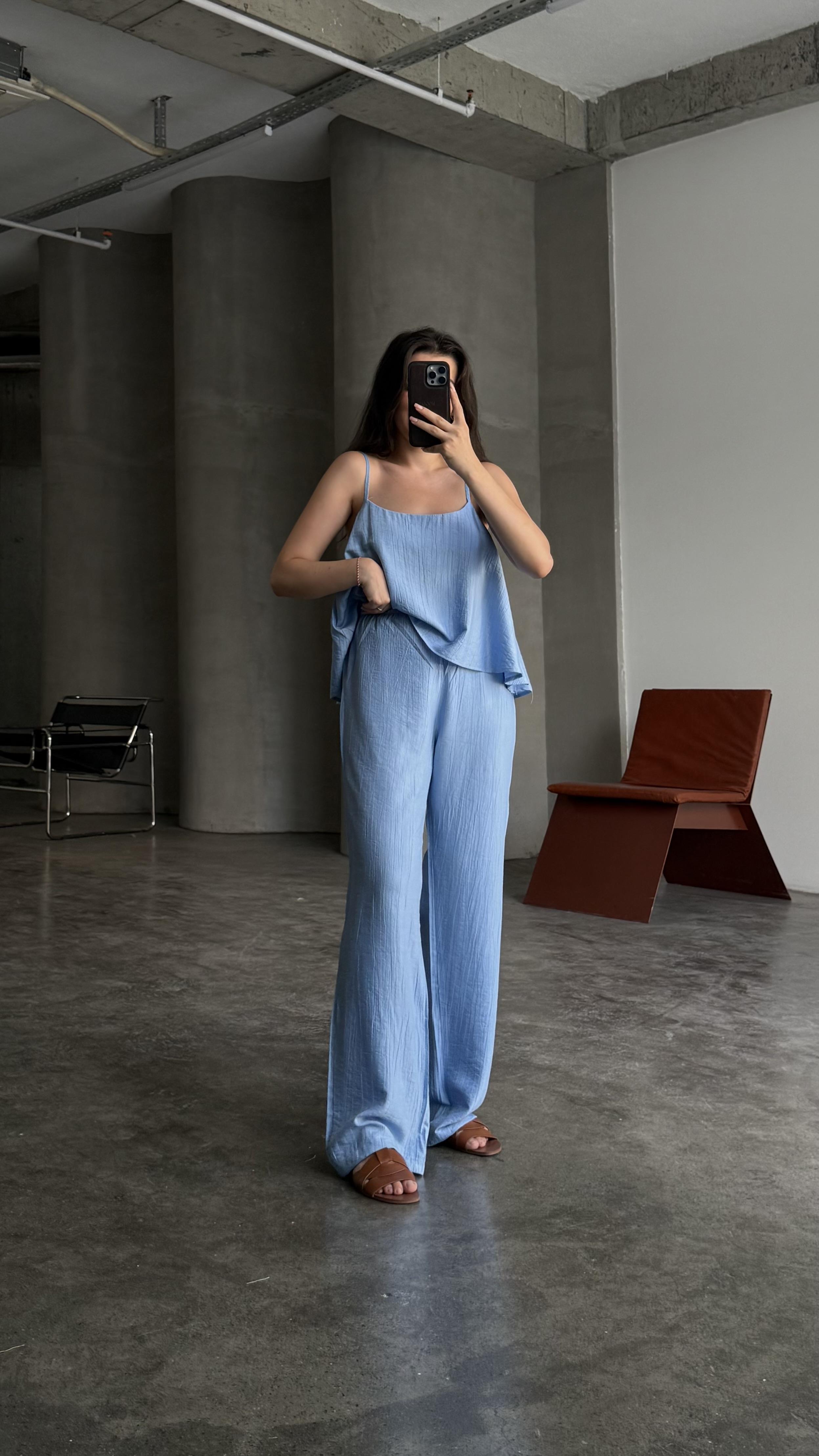  Mavi Askılı Bluz Pantolon Takım