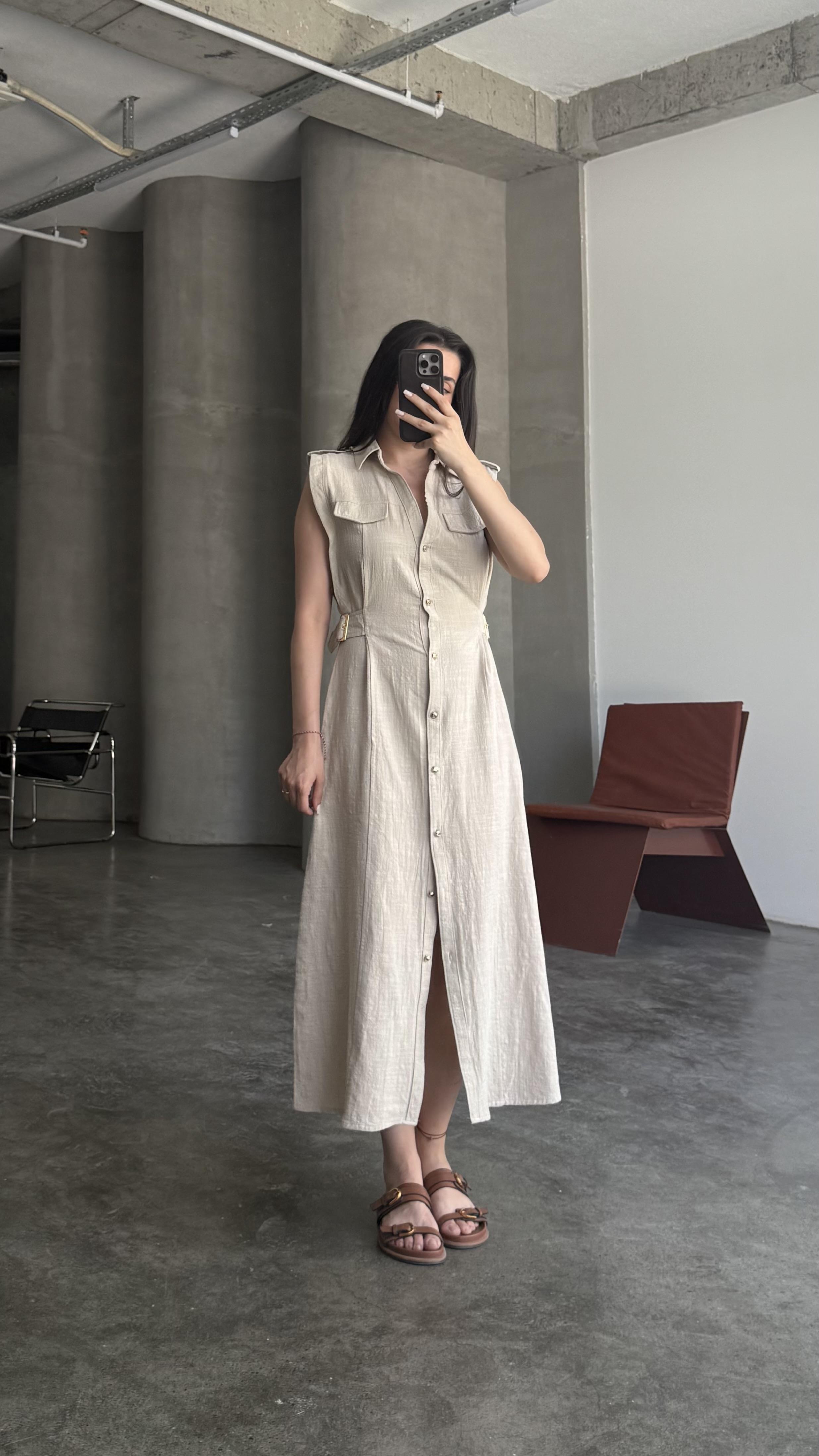  Natural Bel Detaylı Ham Keten Elbise