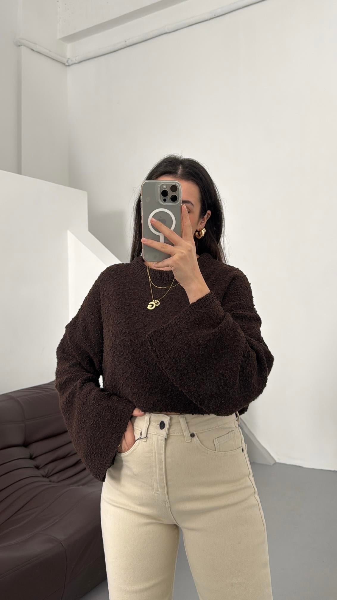 Acı Kahve Dokulu  Oversize Triko Kazak