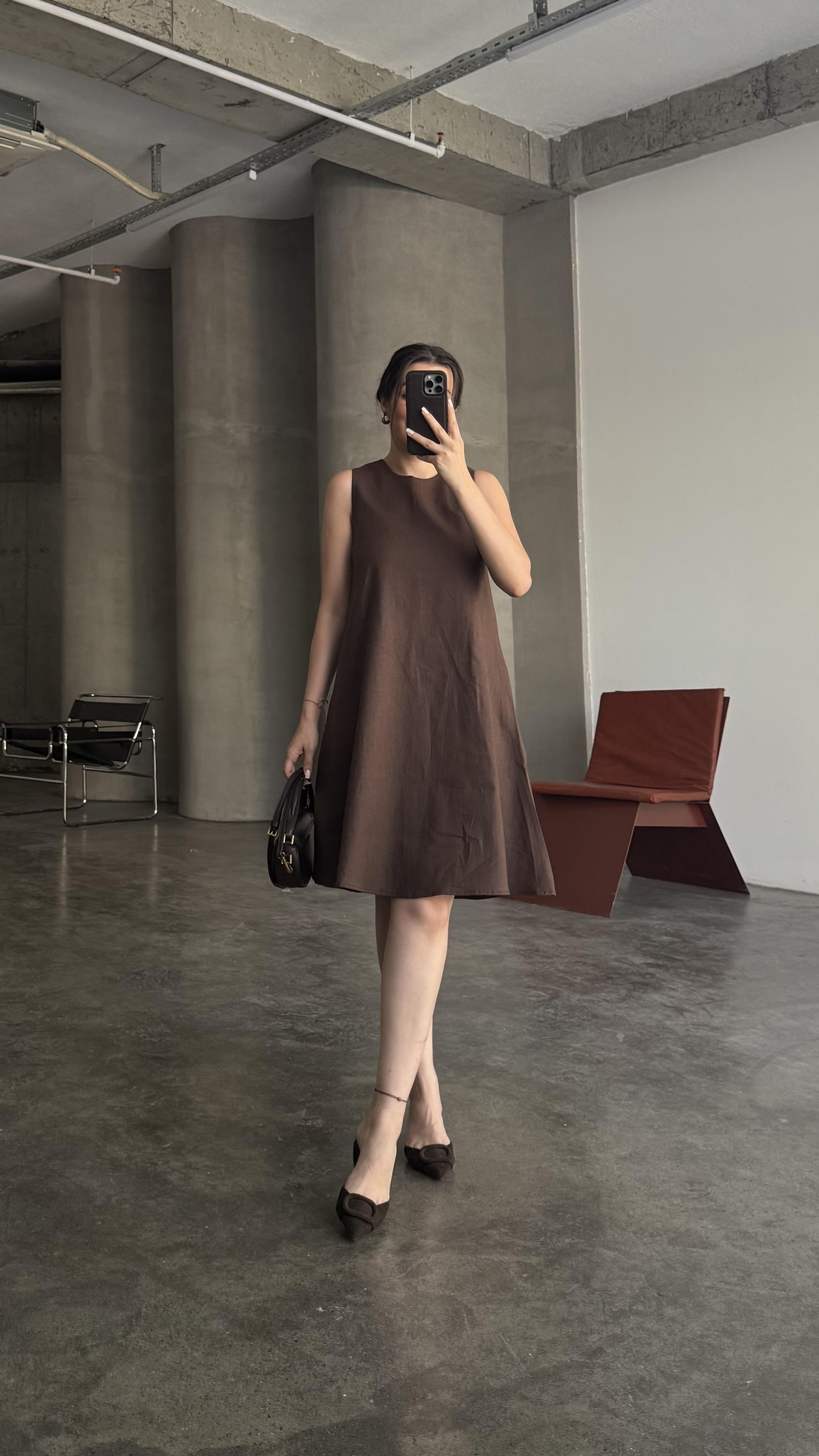 Acı Kahve Ham Keten Kolsuz Elbise