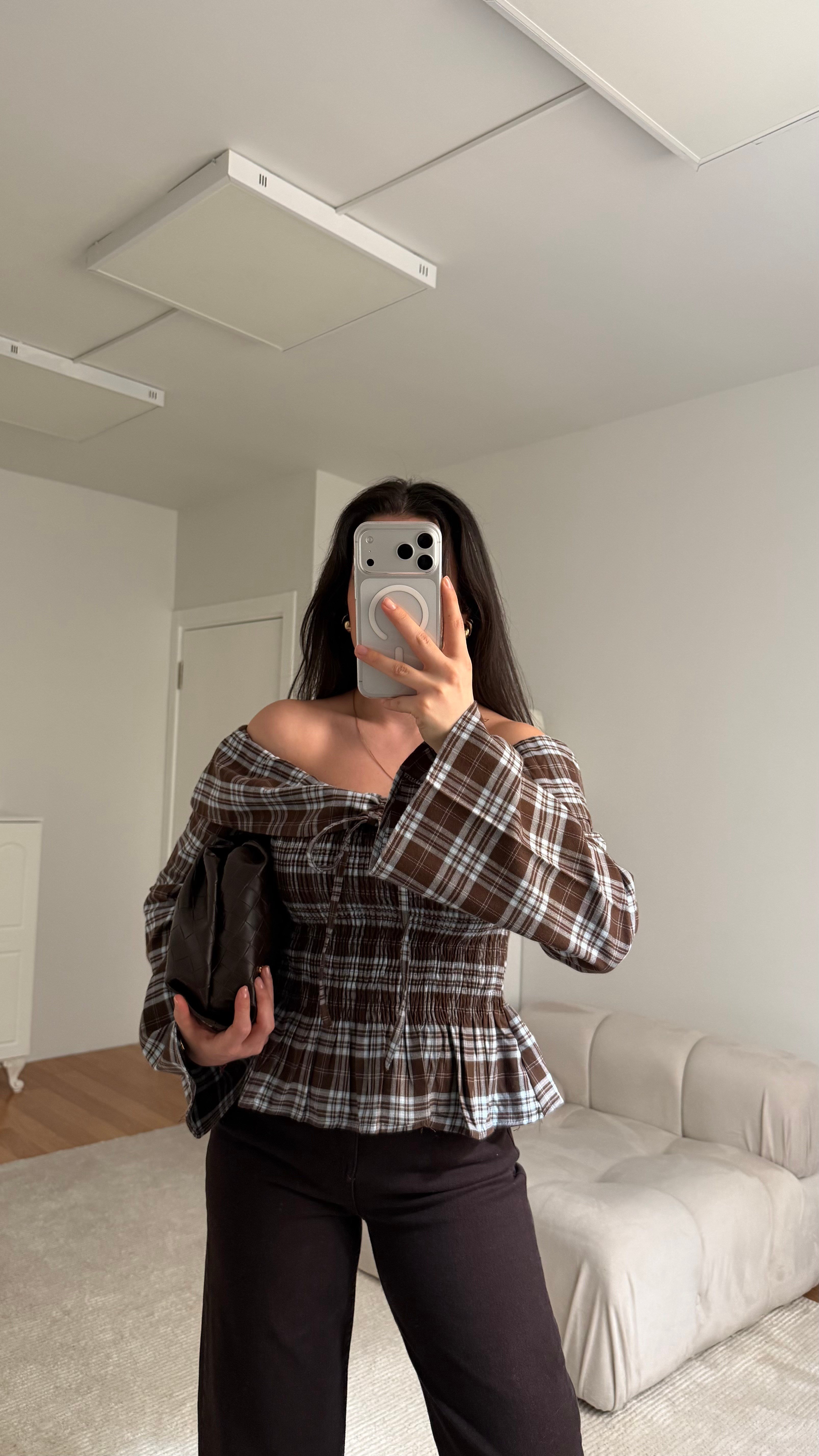 Acı Kahve Mavi Straplez Gipeli Ekose Bluz