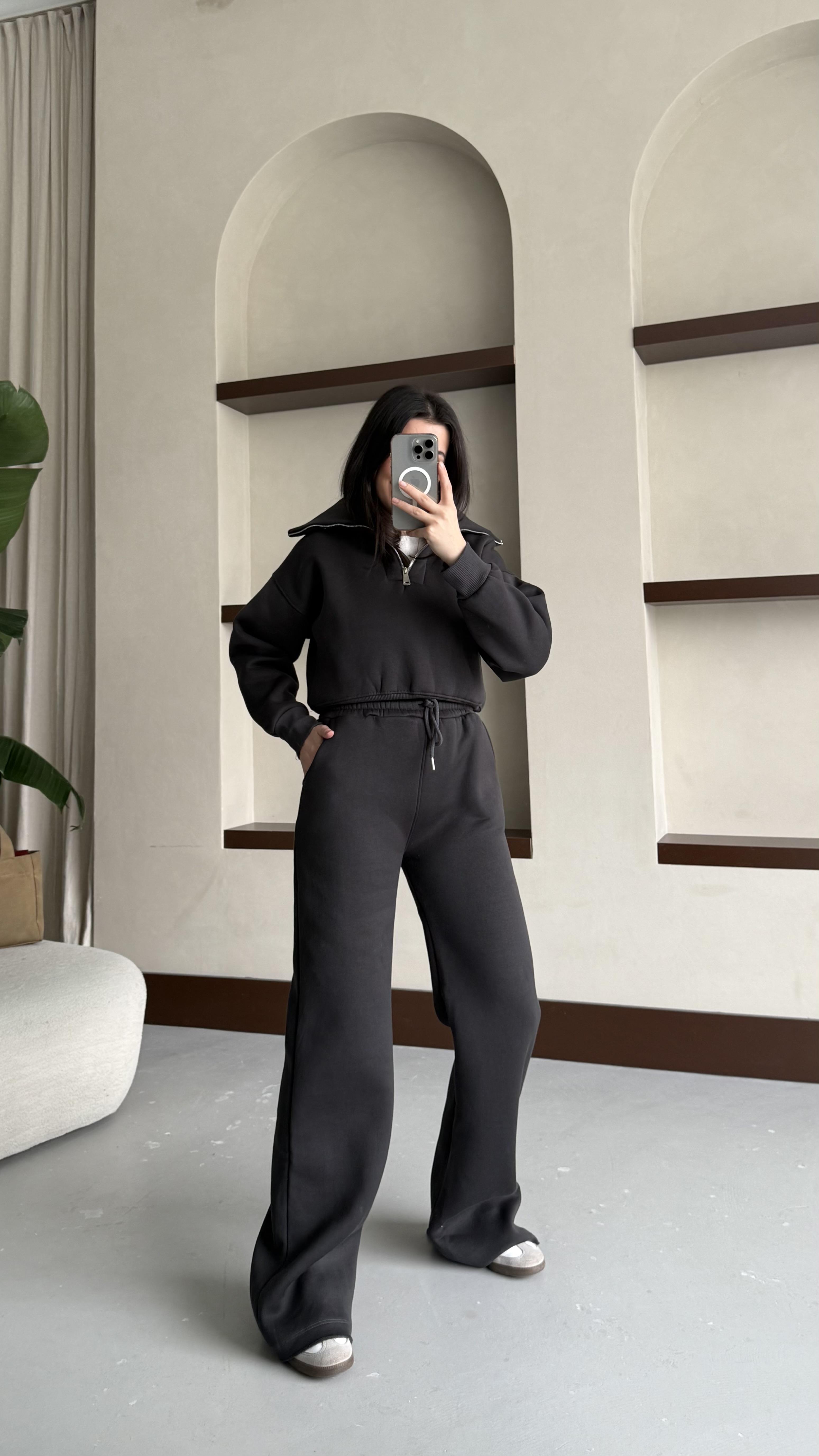 Antrasit Pamuklu Fermuarlı Sweatshirt ve Pantolon Takım