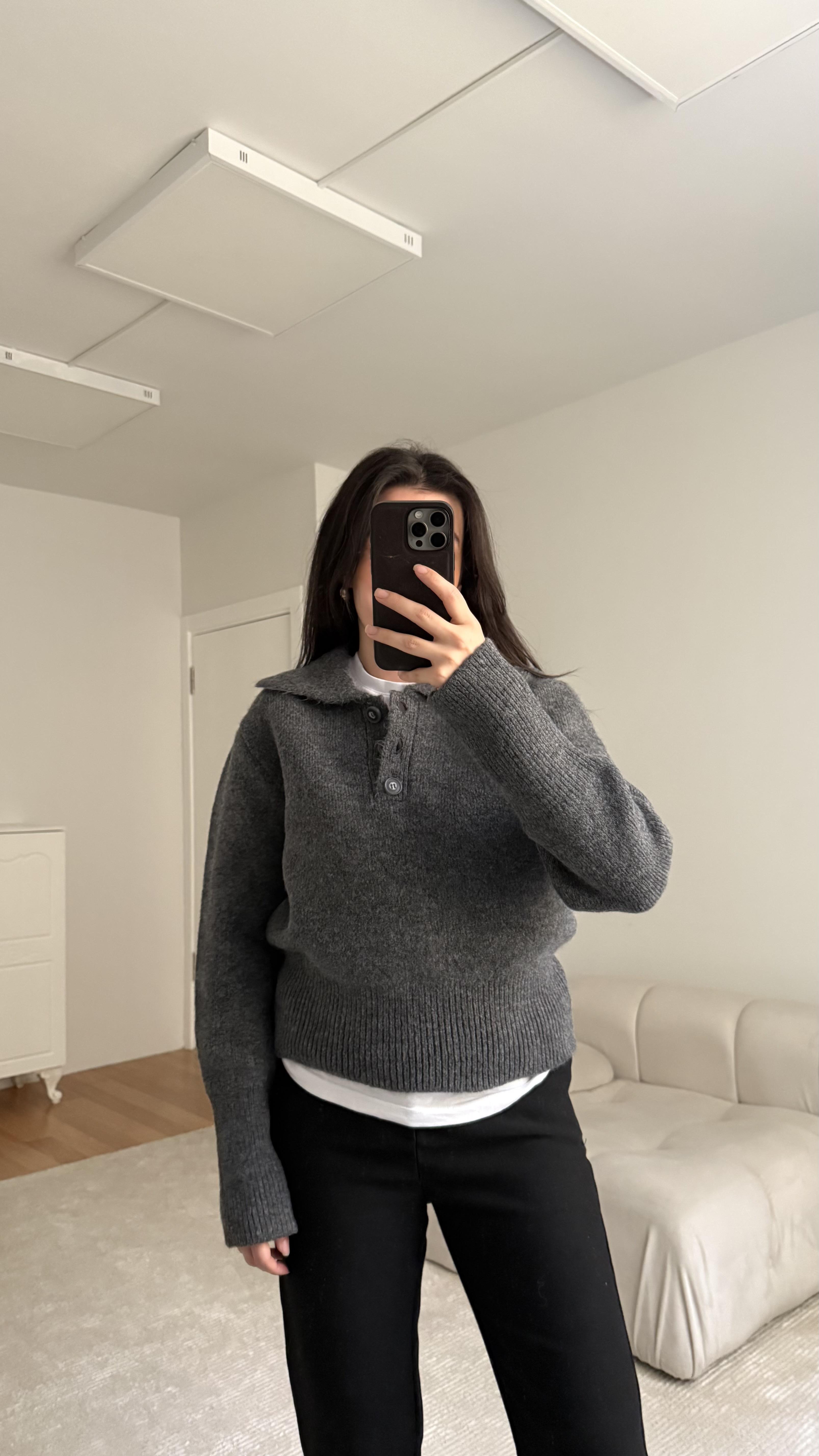 Antrasit Polo Yaka Düğmeli Kazak