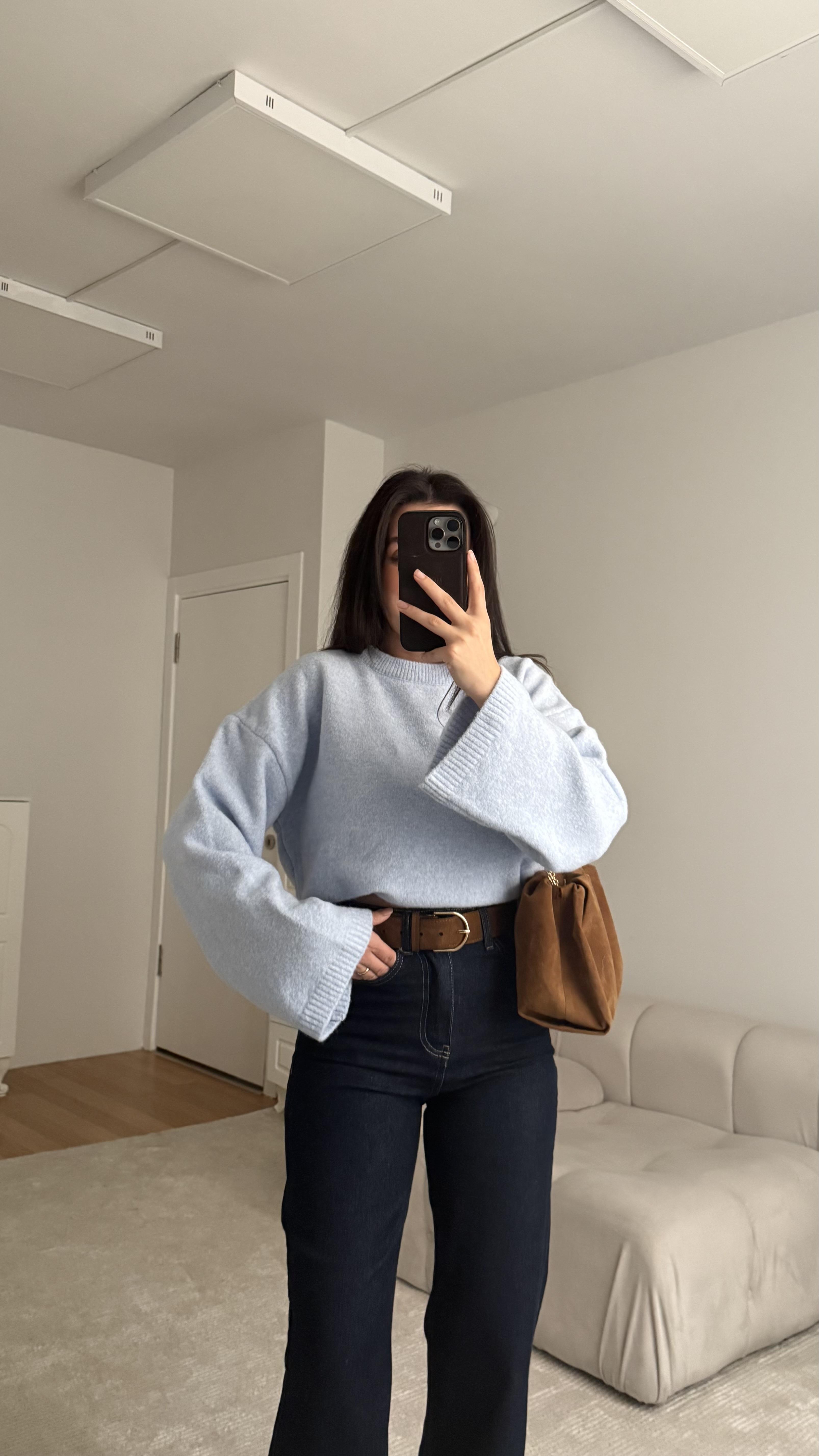 Bebek Mavisi Oversize İspanyol Kol Triko Kazak