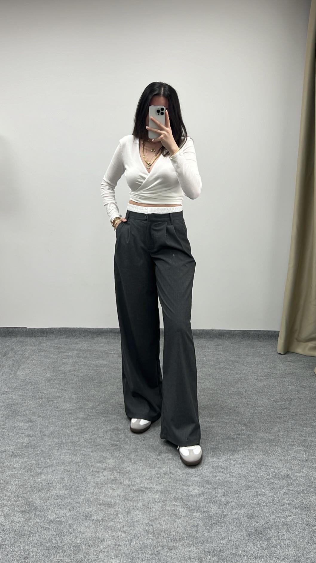Bersh Gri Bel Detay Wide Leg Pantolon