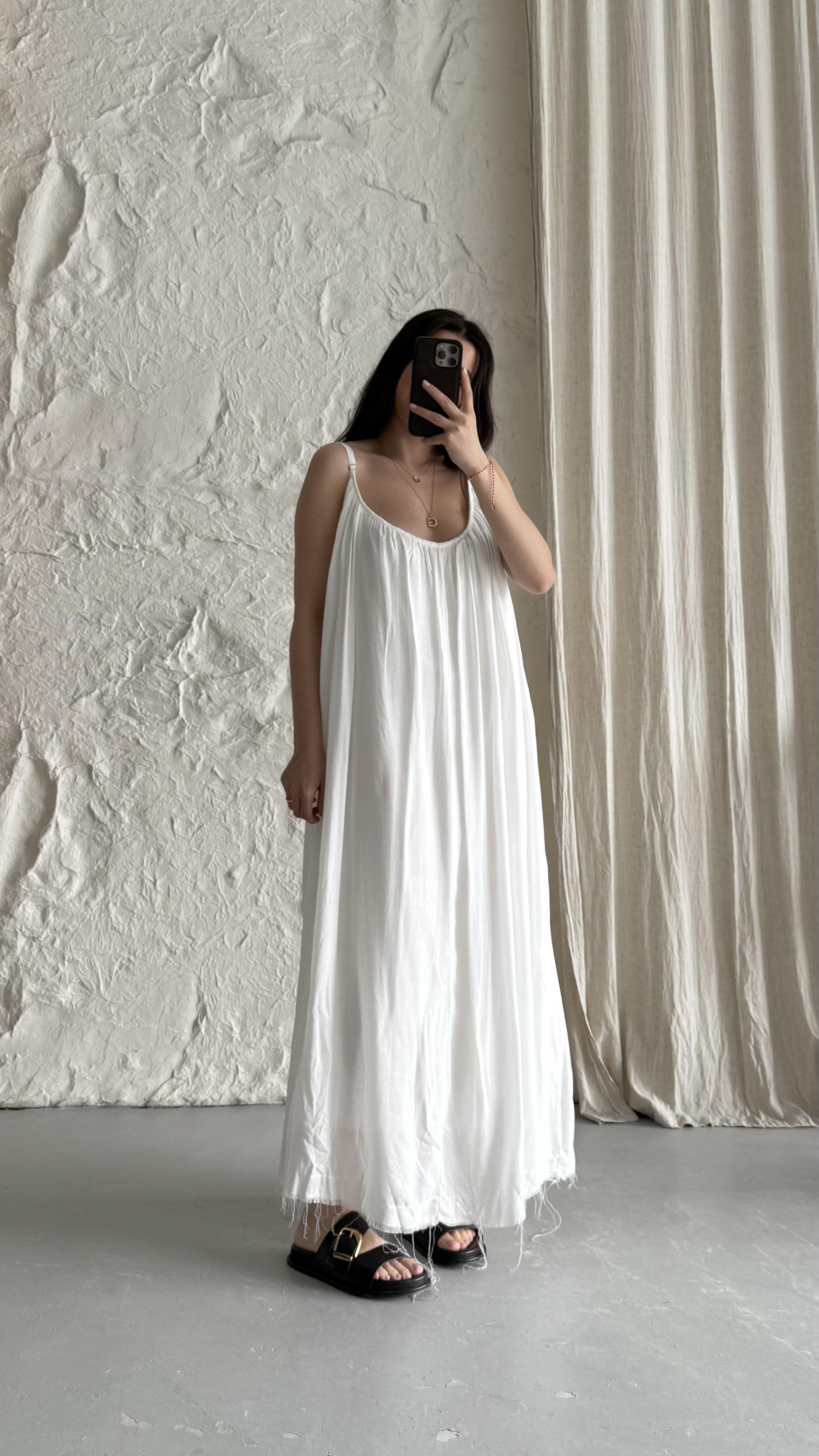 Beyaz İp Askılı Helen Keten Elbise