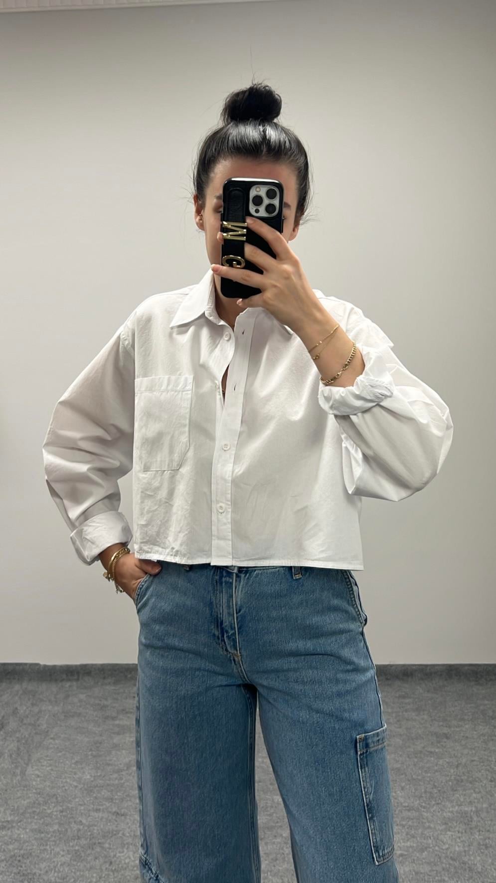 BEYAZ PAMUKLU CROP GÖMLEK