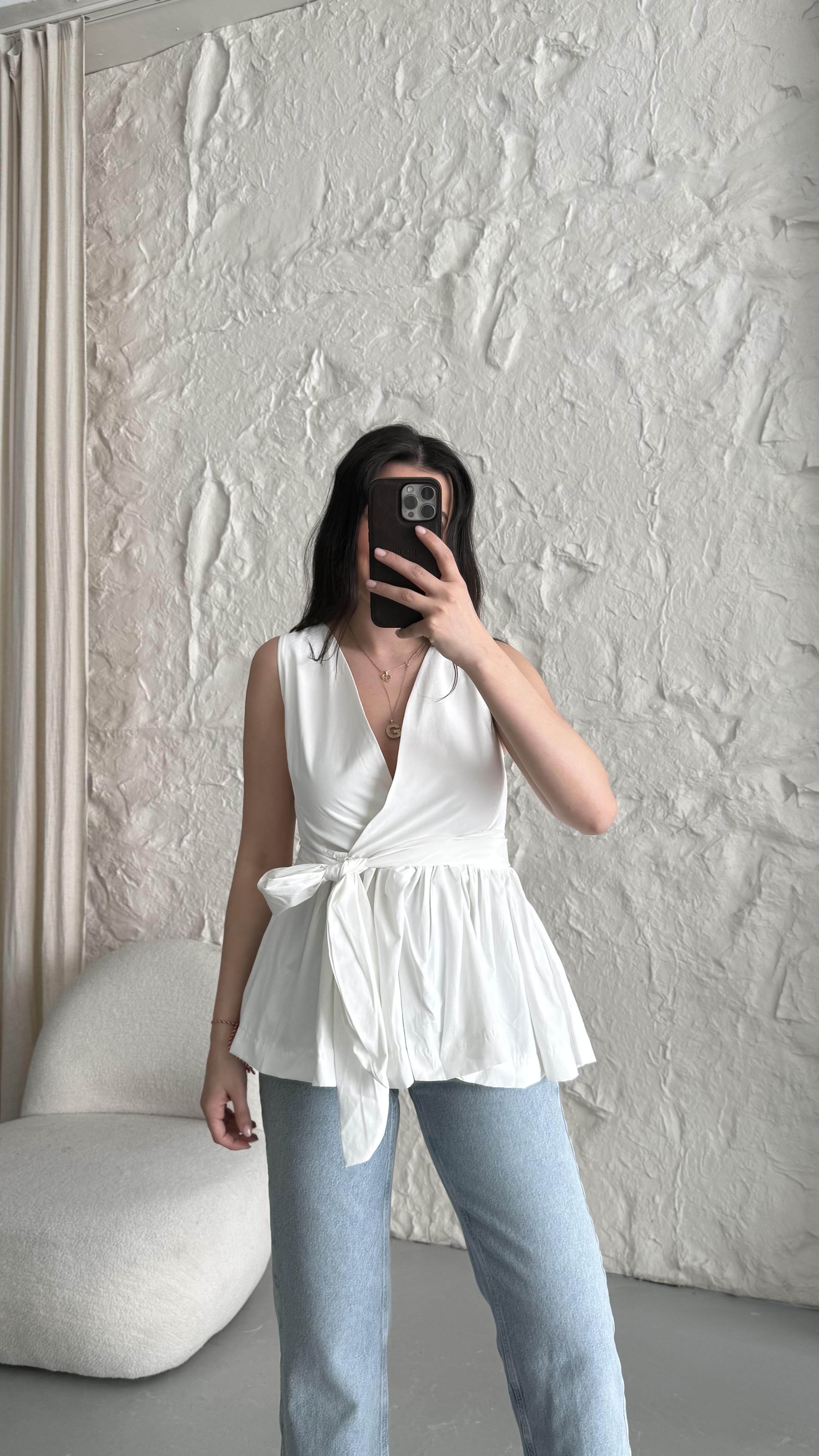 Beyaz Prenses Model Poplin Kumaş Bağlama Bluz