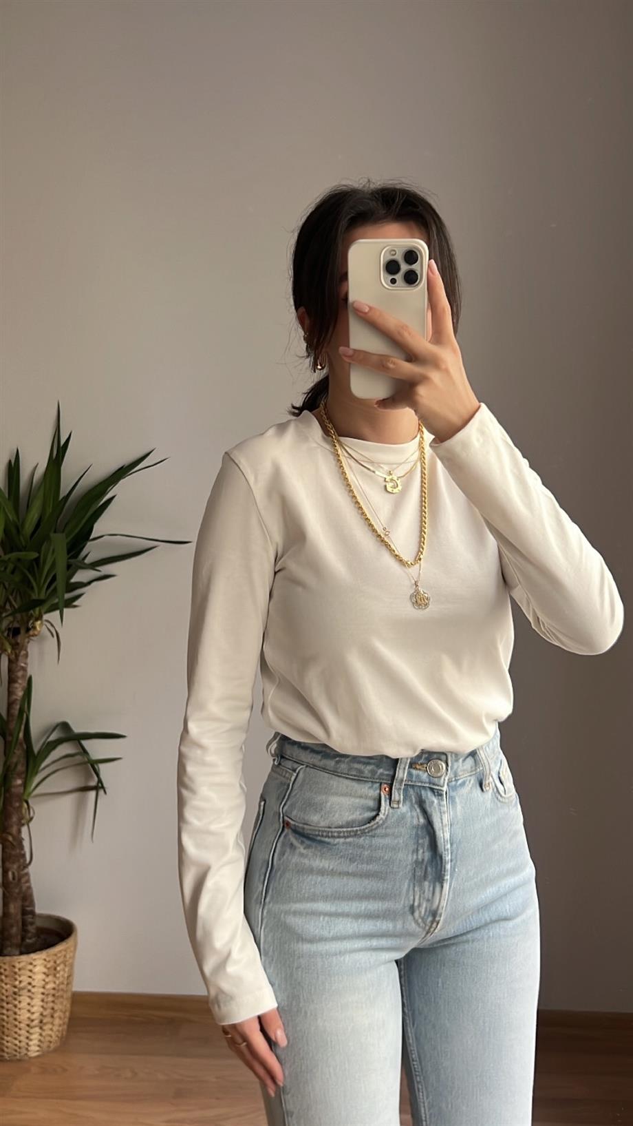 Beyaz Uzun Kollu Kışlık Basıc Tişört 