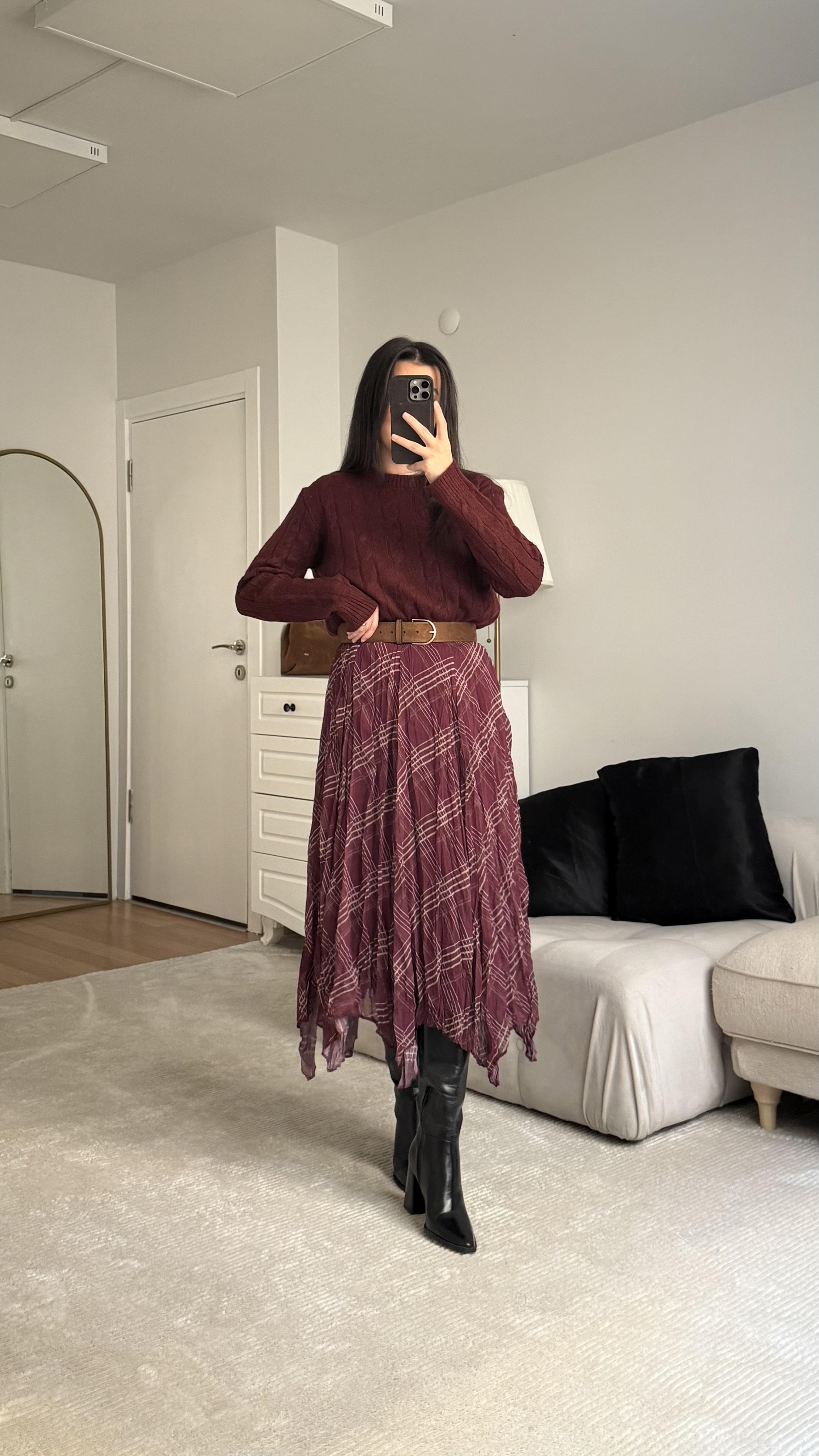 Bordo Ekose Desenli Fırfırlı Etek