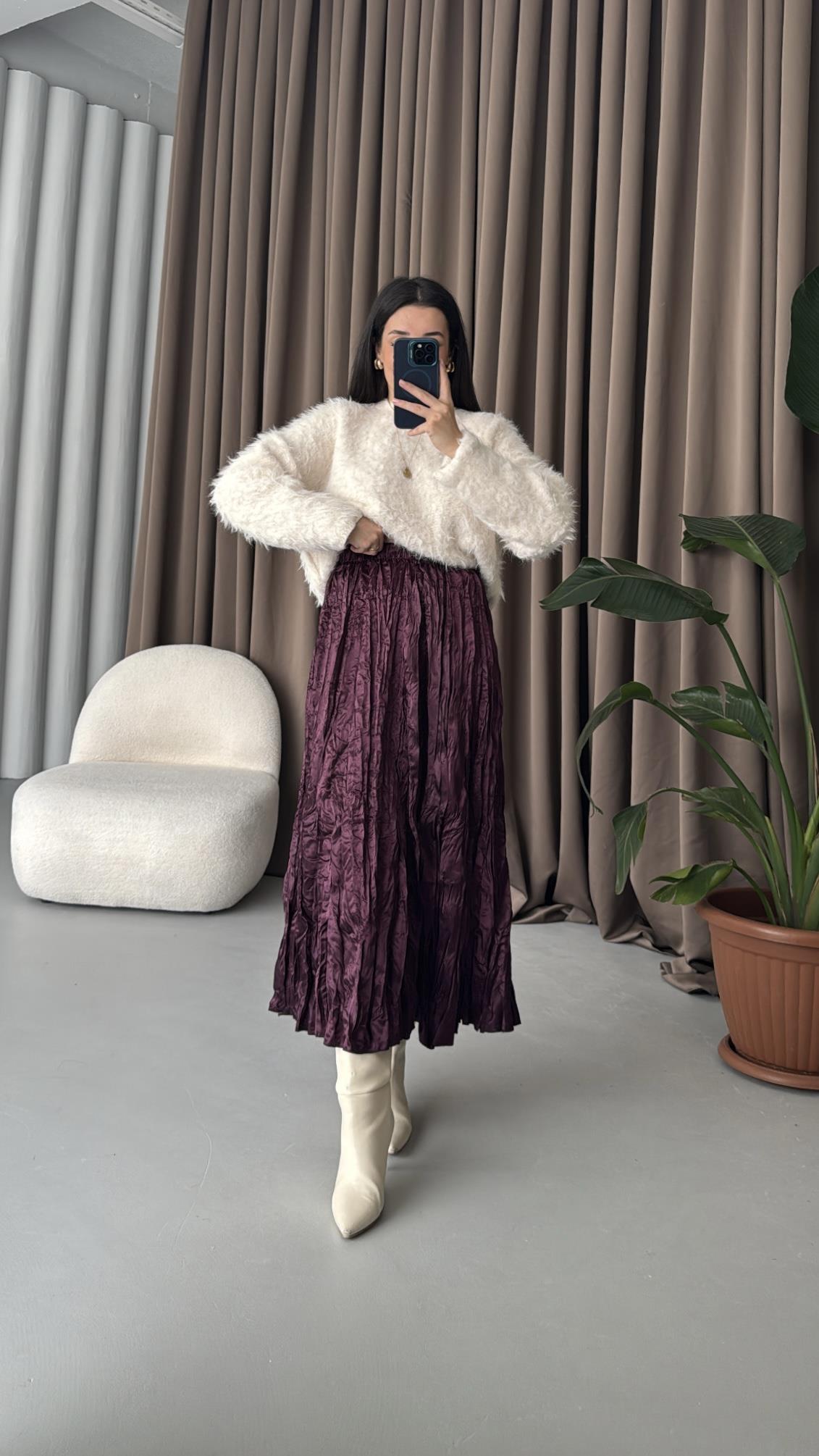 Bordo Kendinden Kırışık Saten Etek