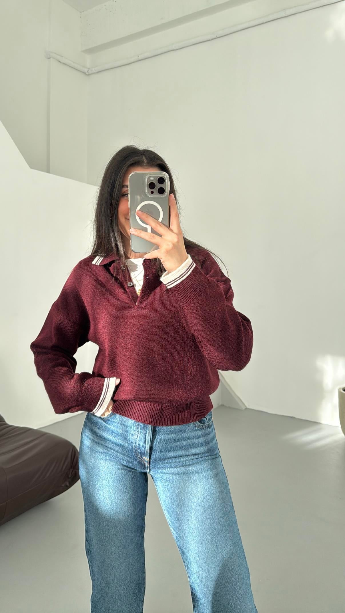 Bordo-Krem Çizgi Detaylı Polo Yaka Triko