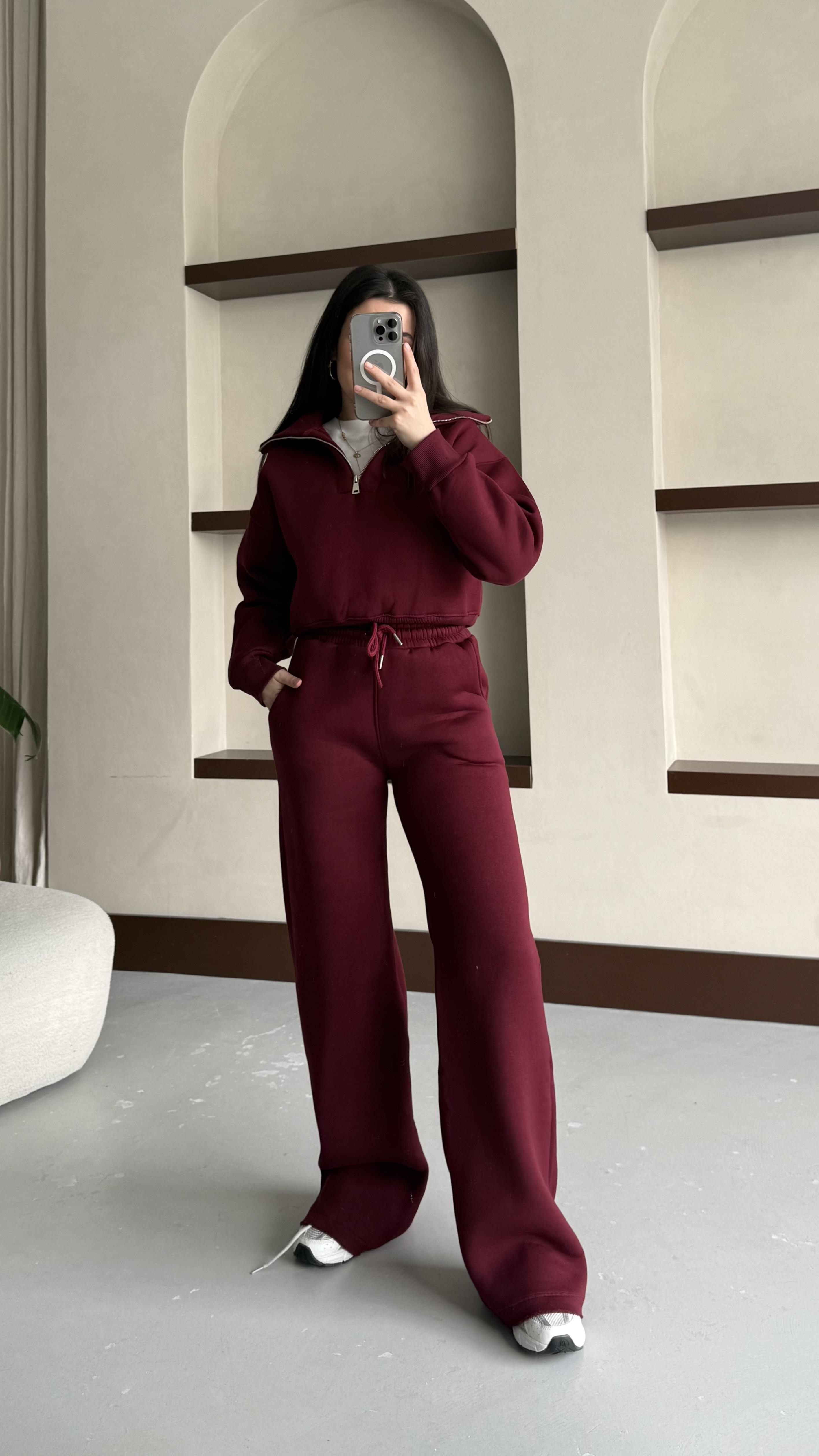 Bordo Pamuklu Fermuarlı Sweatshirt ve Pantolon Takım
