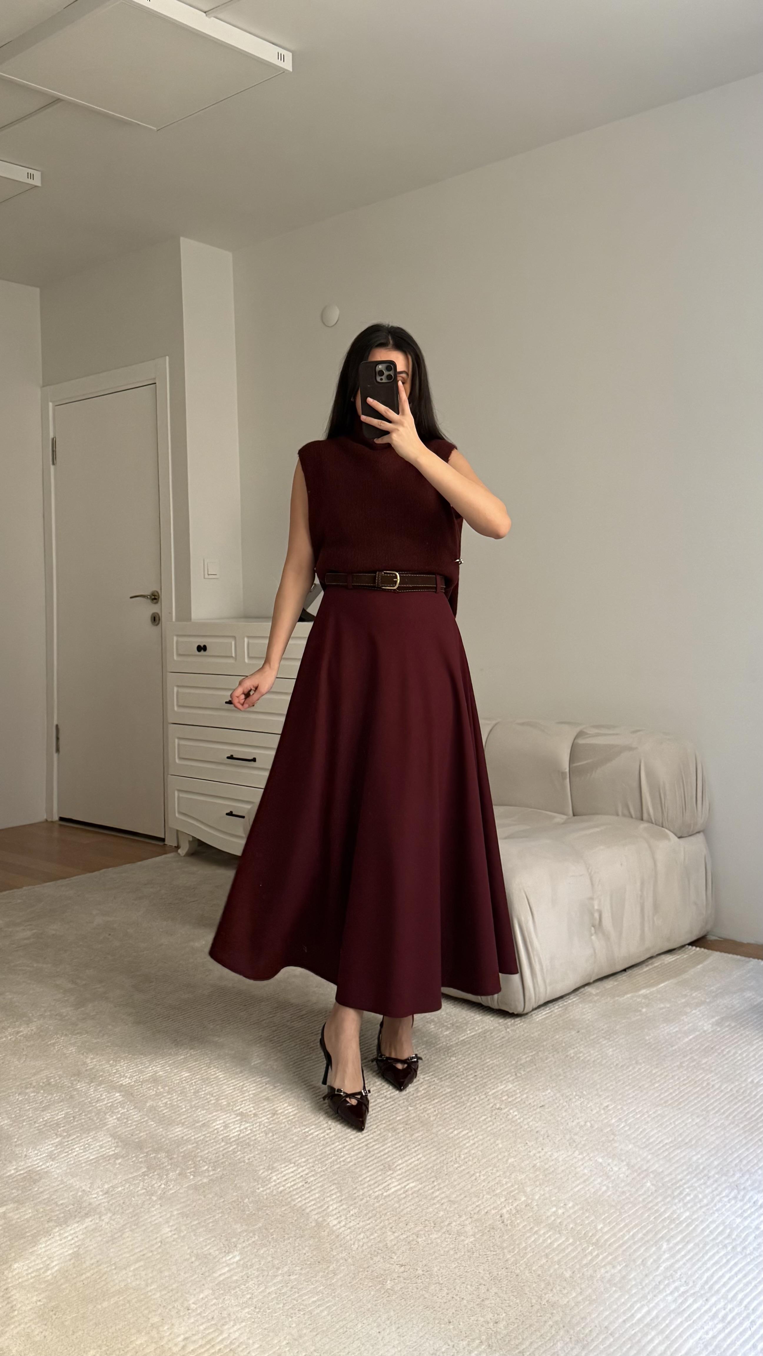 Bordo Süet Kemerli A Kesim Midi Etek 
