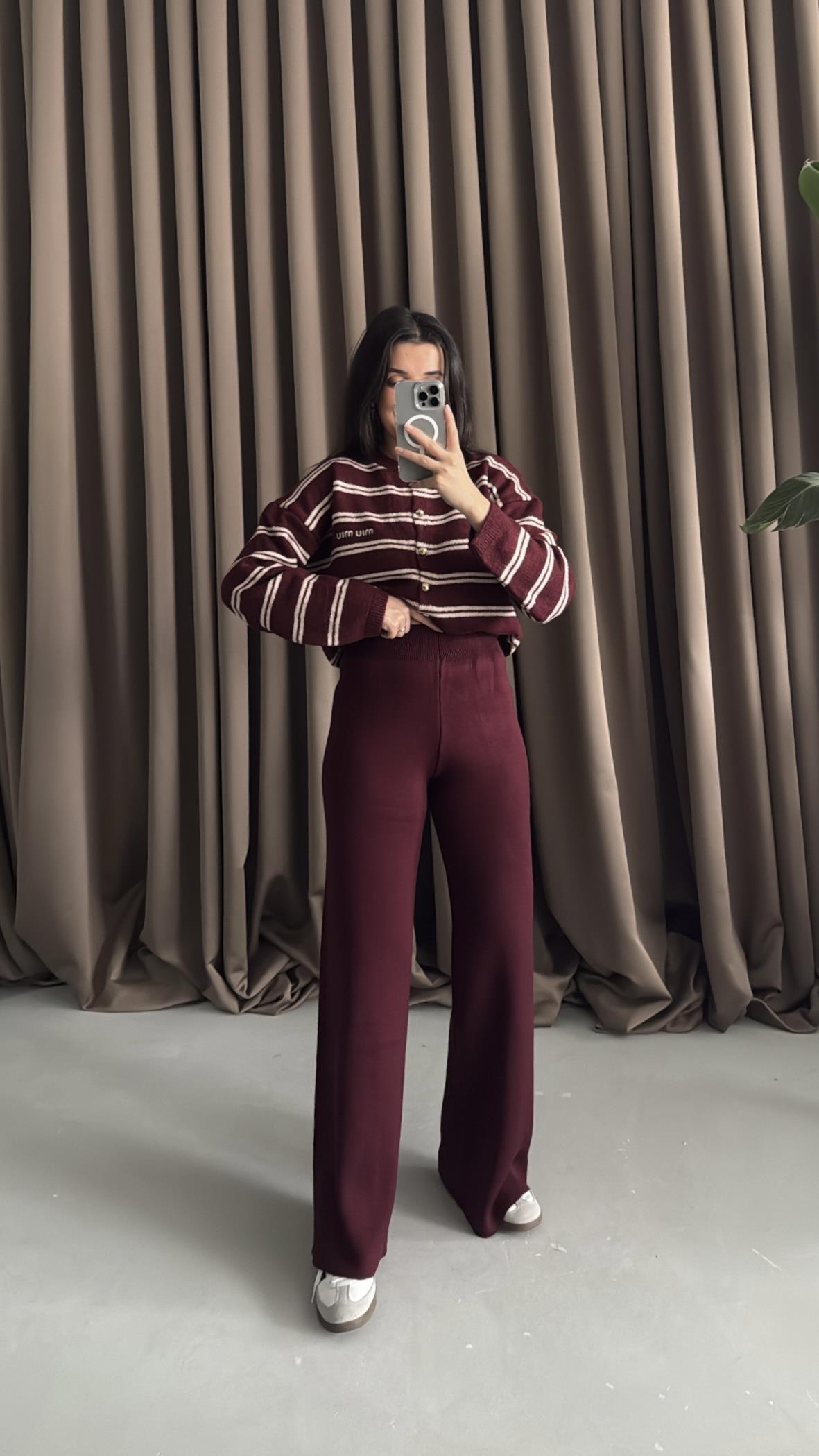 Bordo Ultra Yüksek Bel Triko Pantolon