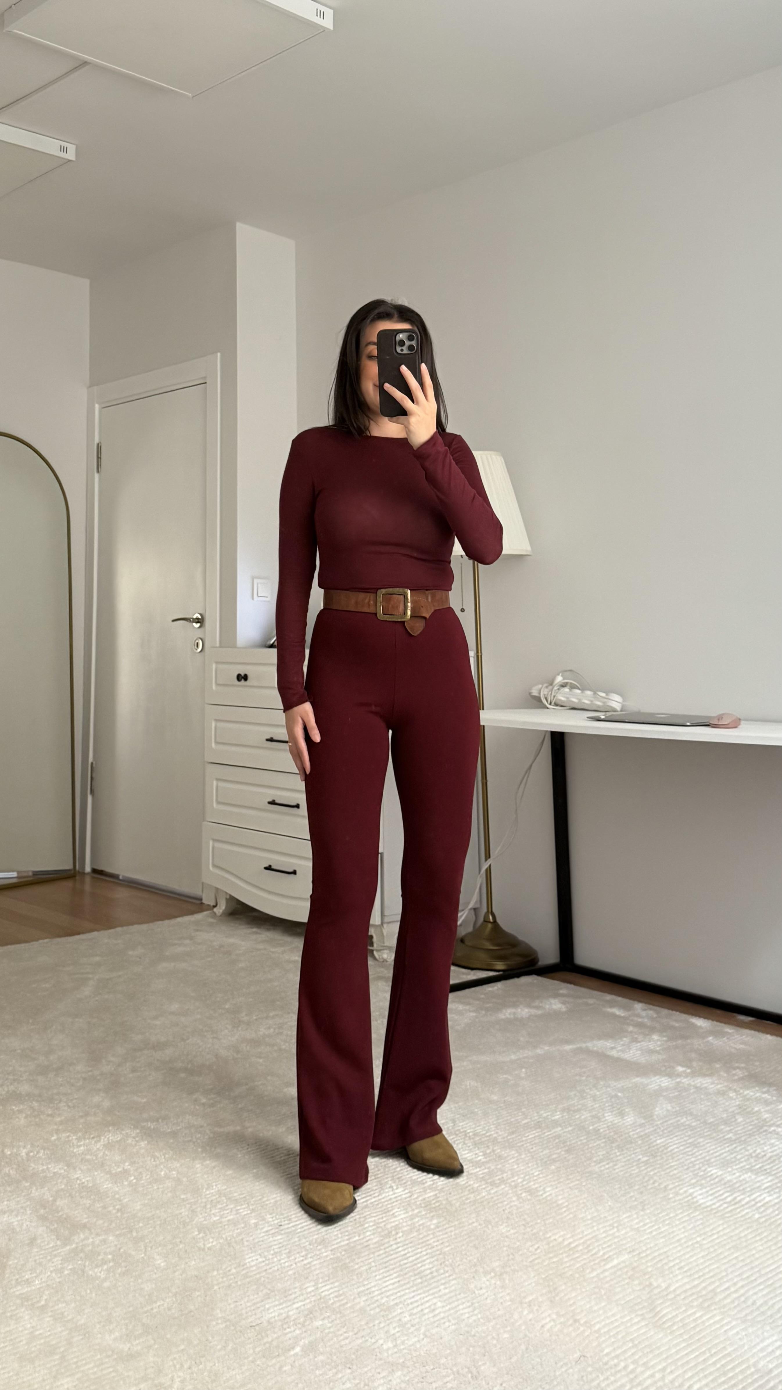 Bordo Yüksek Bel İspanyol Paça Pantolon