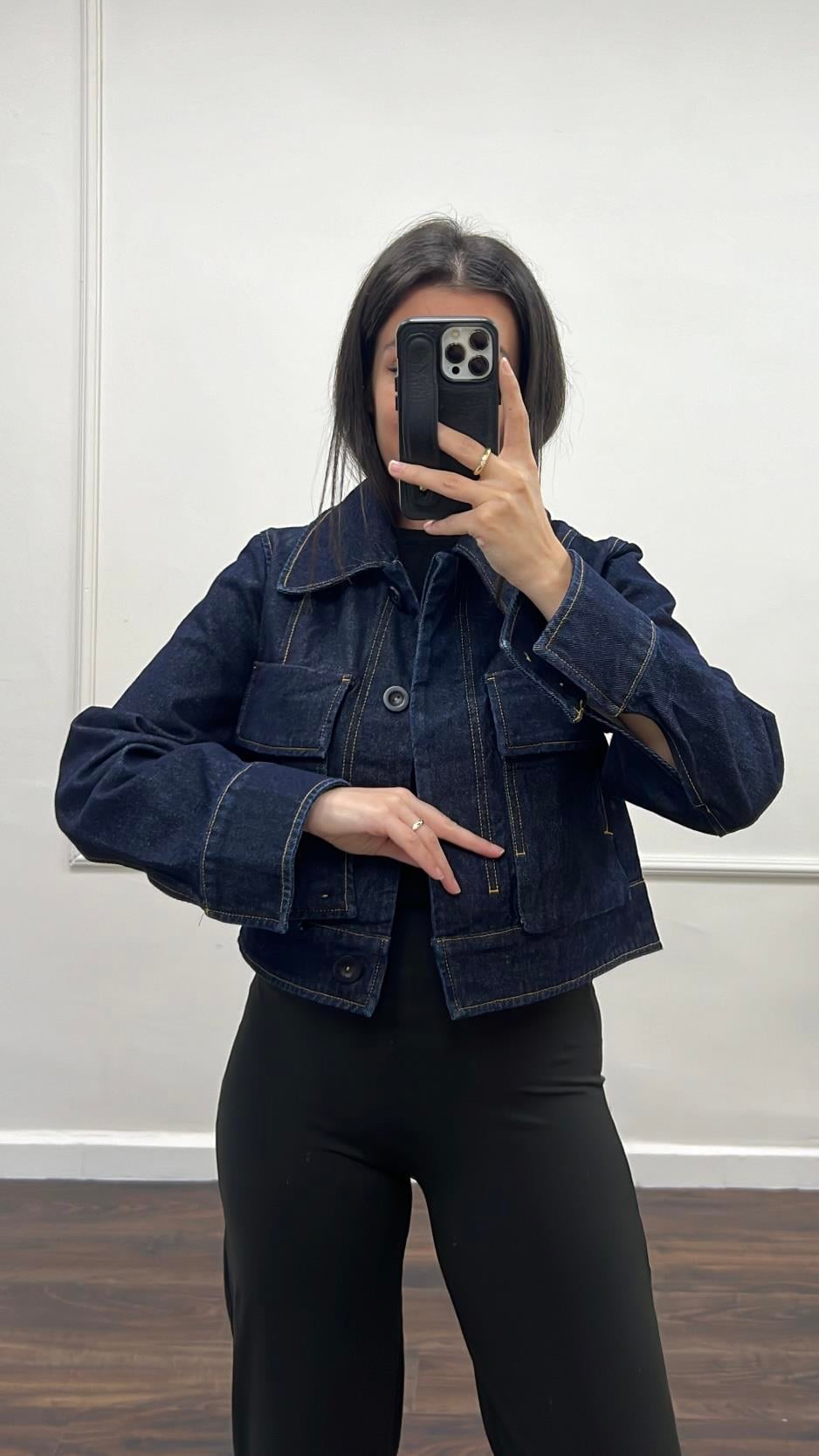 Cas Koyu Laci Crop Denim Ceket