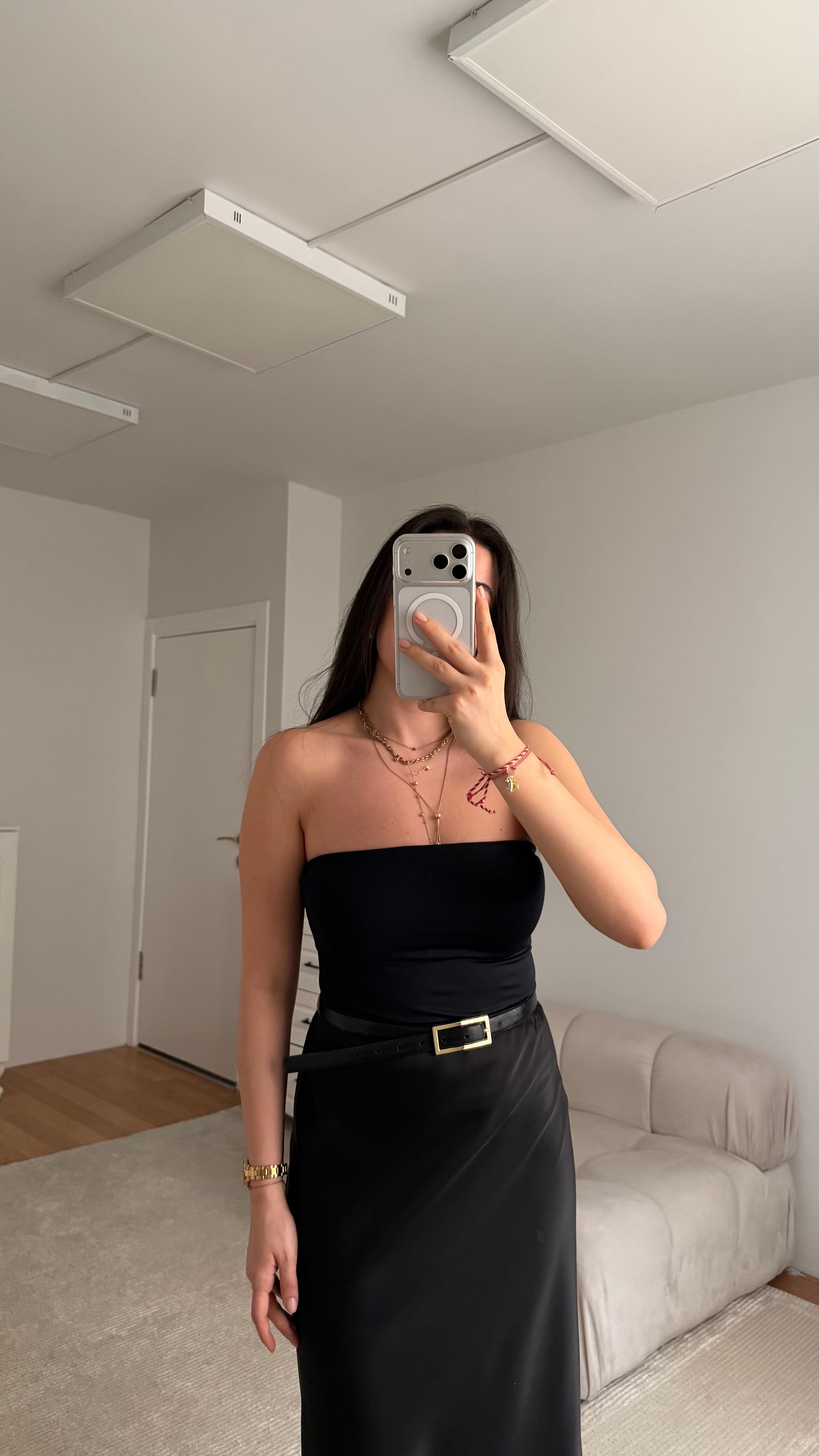 Çift Katlı Siyah Straplez Crop