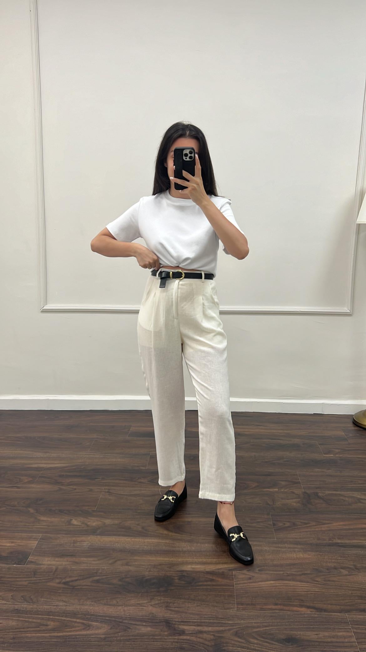 Daks Ekru Kemerli Ham Keten Mom Pantolon