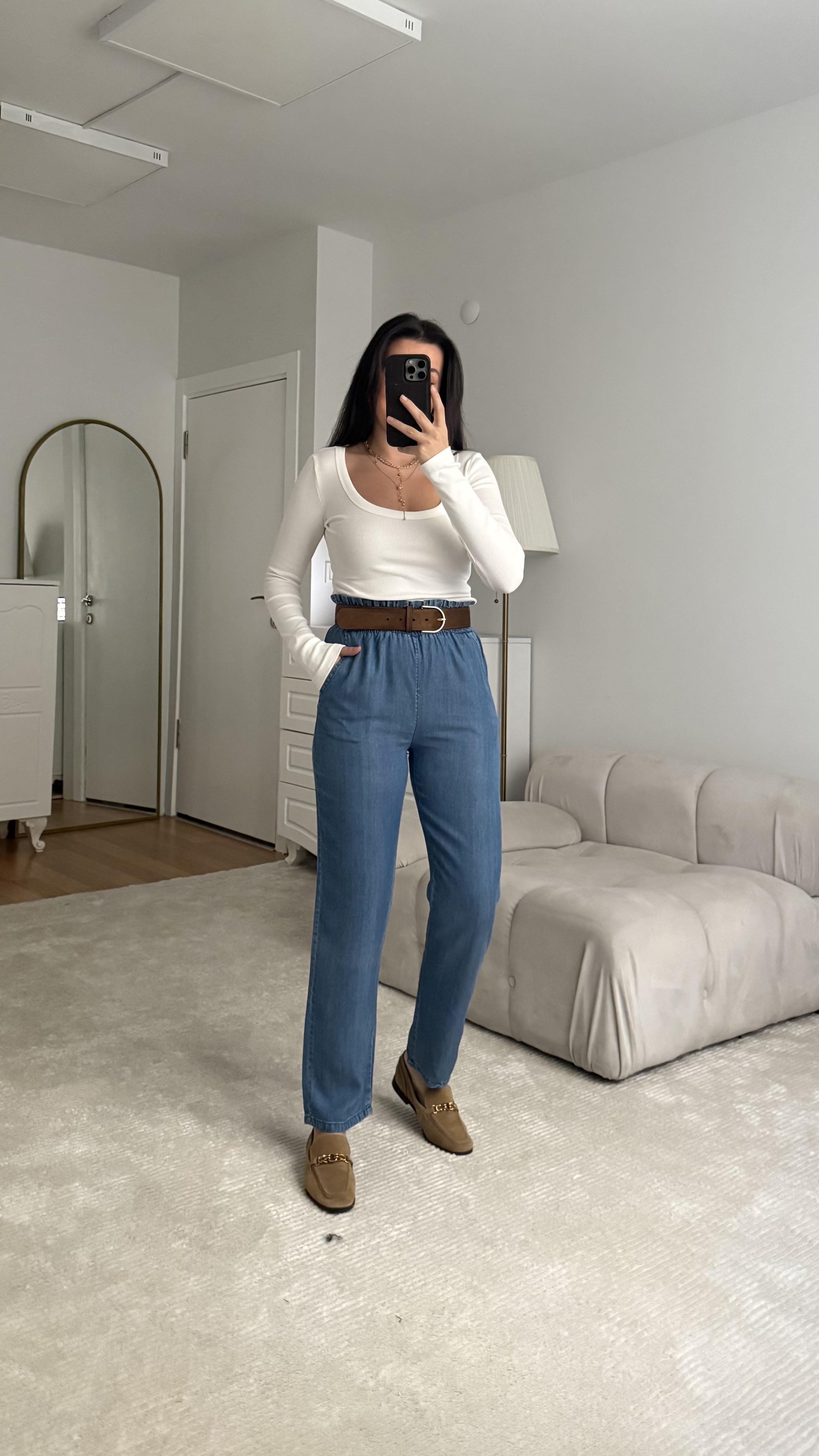 Denim Tensel Bel Lastikli Havuç Pantolon 