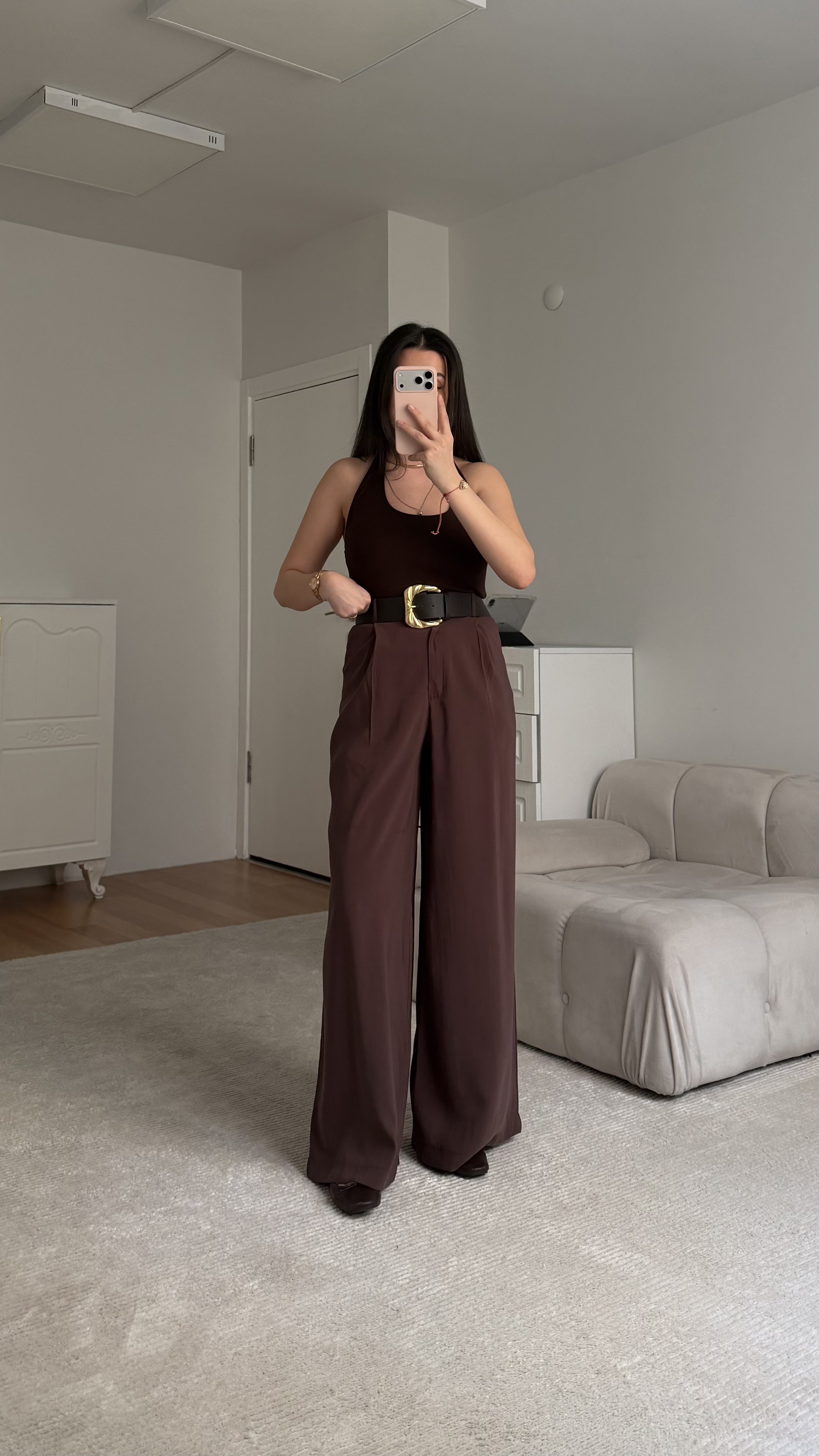 Elegant Acı Kahve Bol Paça Kemerli Pantolon