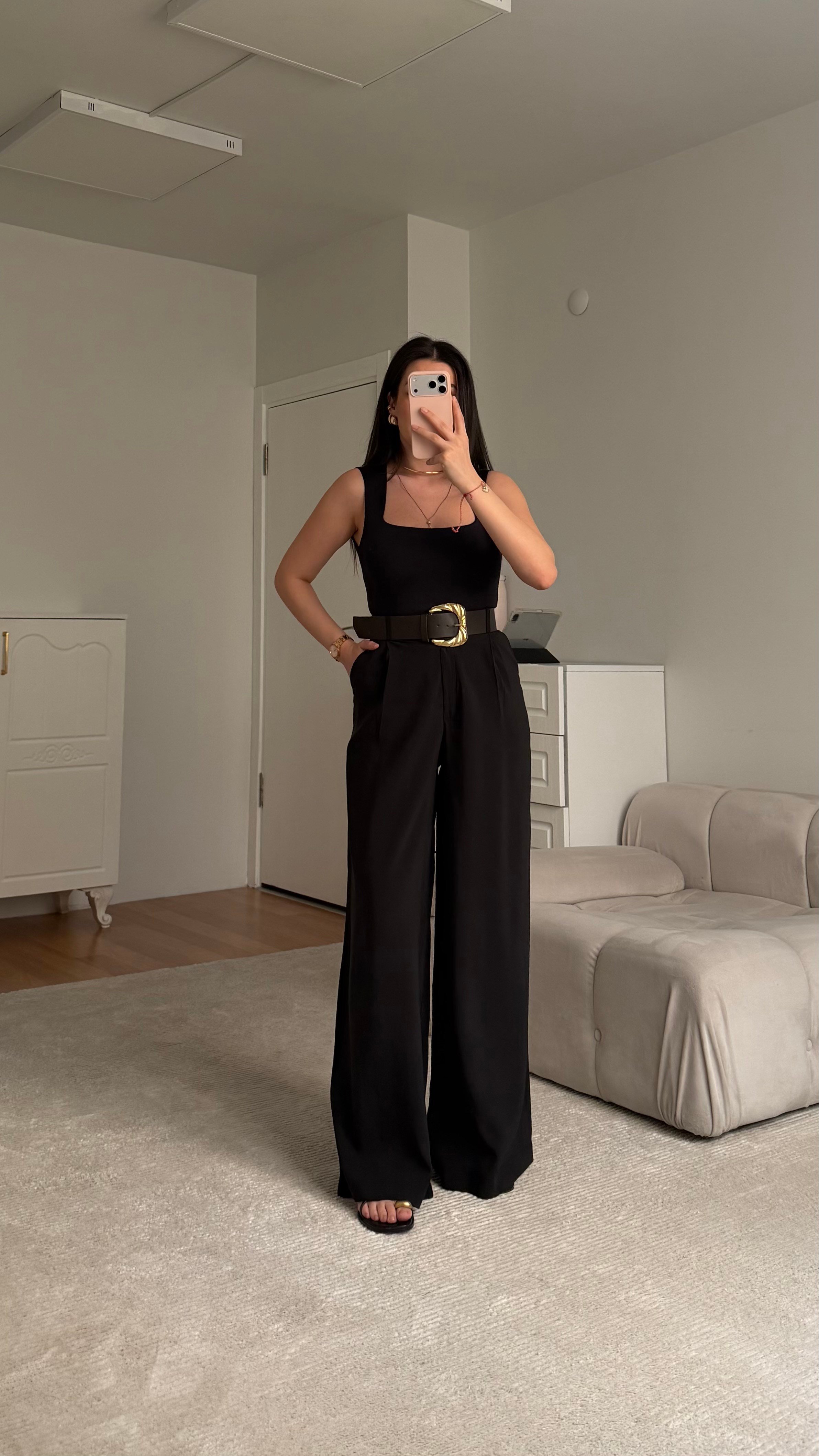 Elegant Siyah Bol Paça Kemerli Pantolon