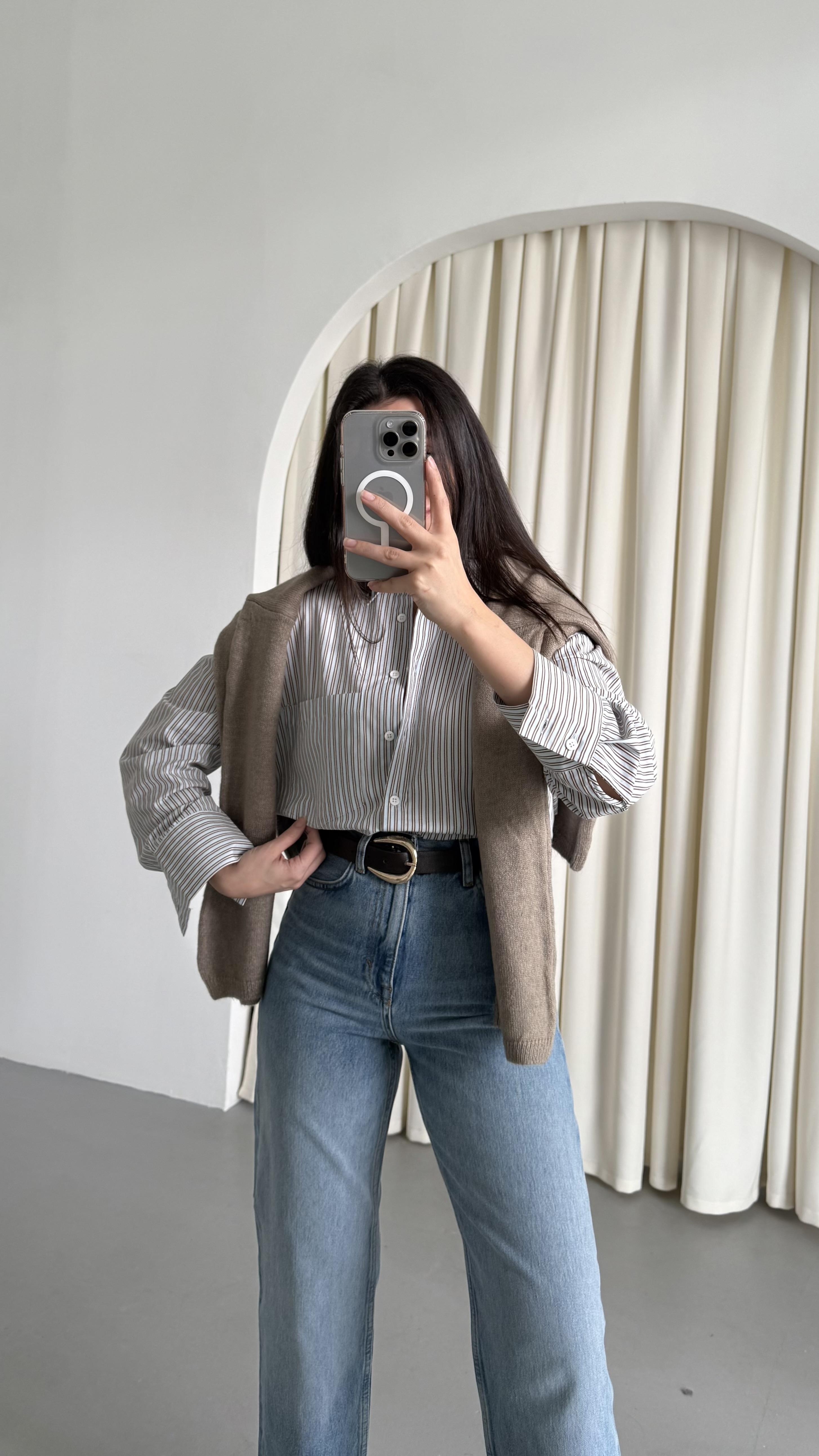 Go Bebek Mavi Kahve Çizgili Poplin Gömlek