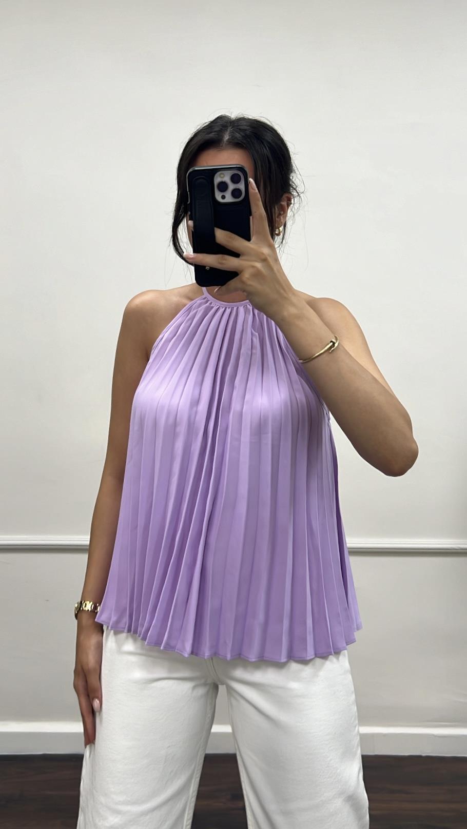 Go Lila Halter Yaka Pilili Bluz