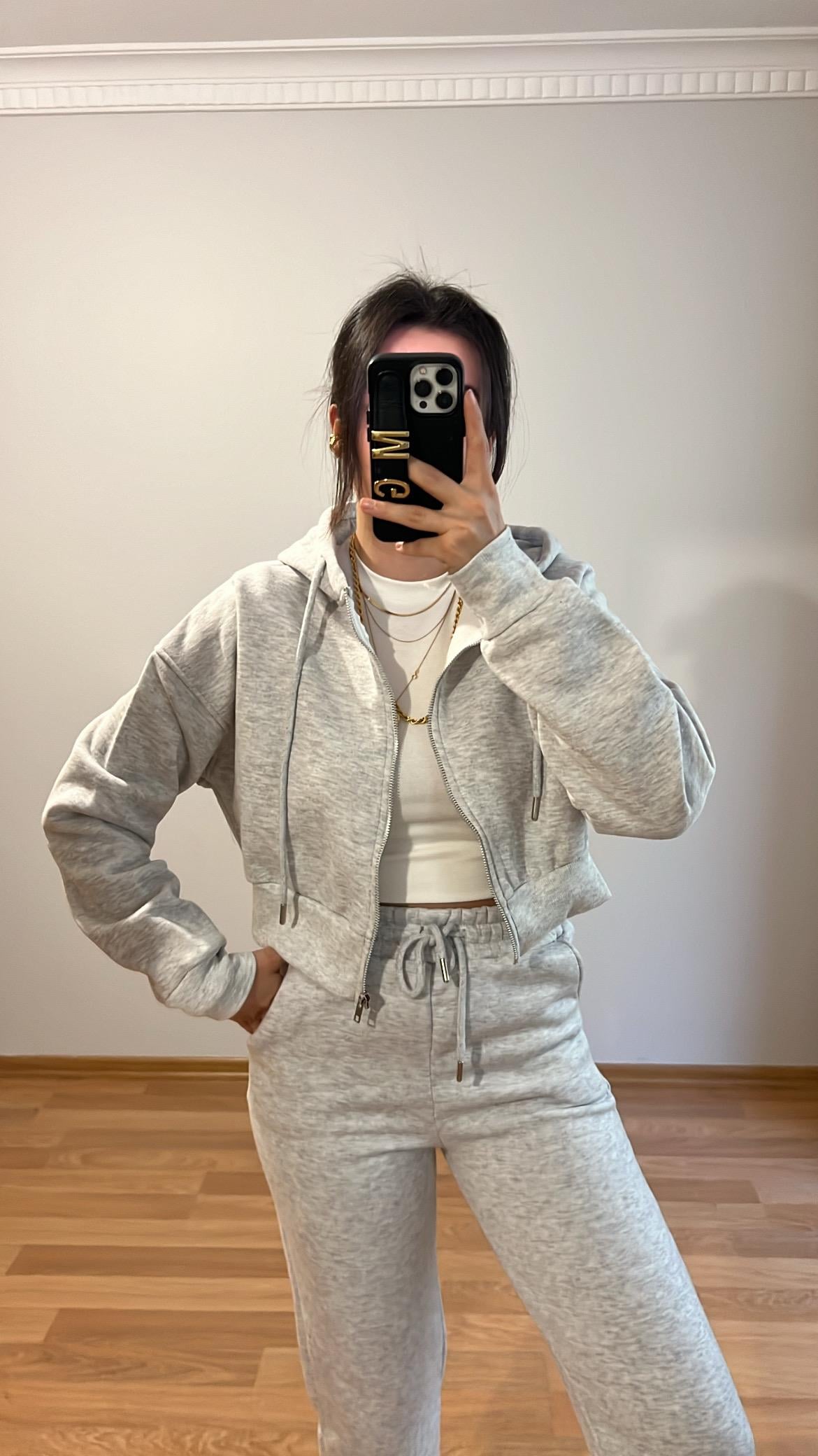 GRİ ÜÇ İPLİK ŞARDONLU CROP HIRKA