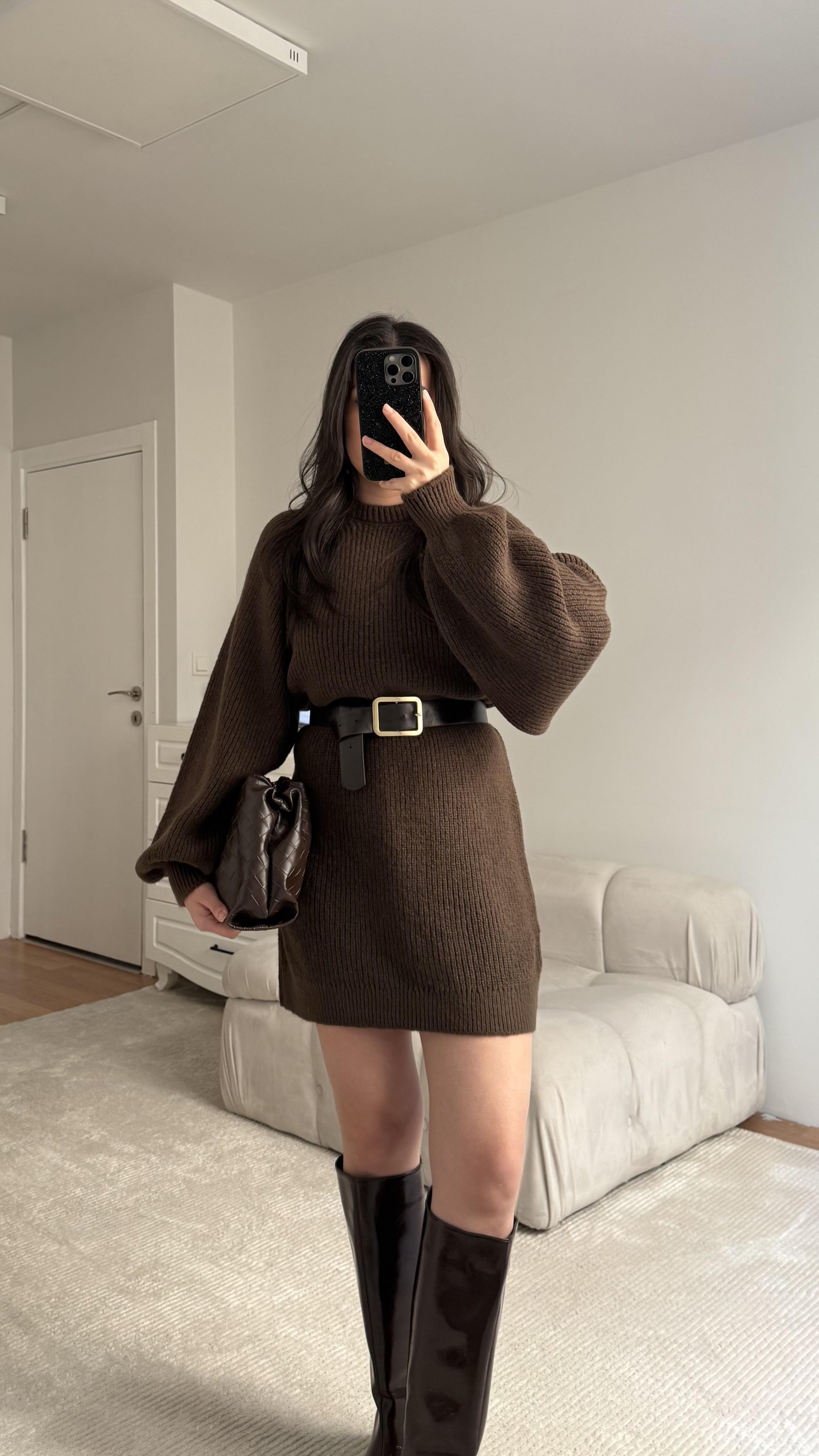 Haki Bisiklet Yaka Balon Kol Triko Elbise