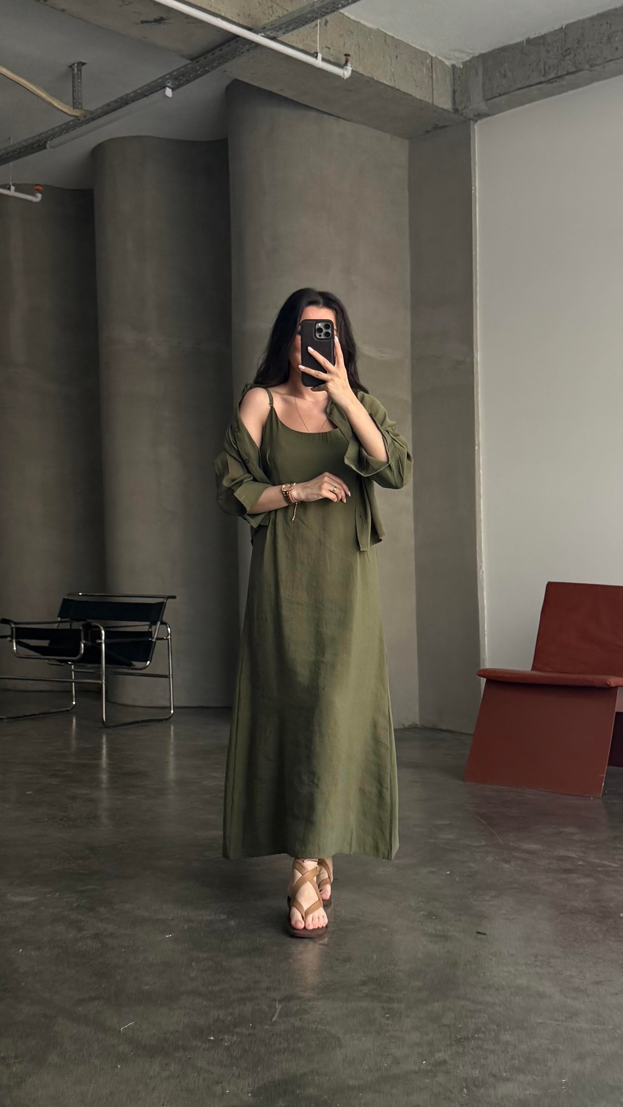 Haki Gömlekli İp Askılı Elbise Tensel Takım