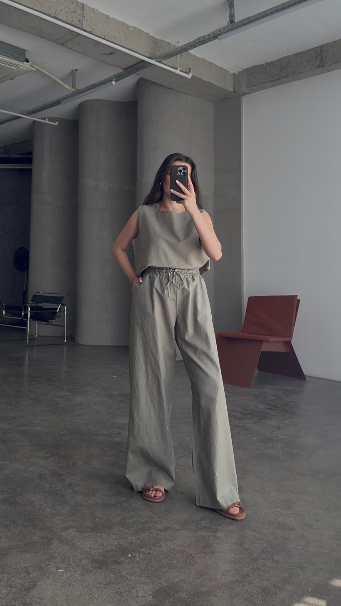 Ham Keten Haki Sıfır Kol Bluz Pantalon Takım