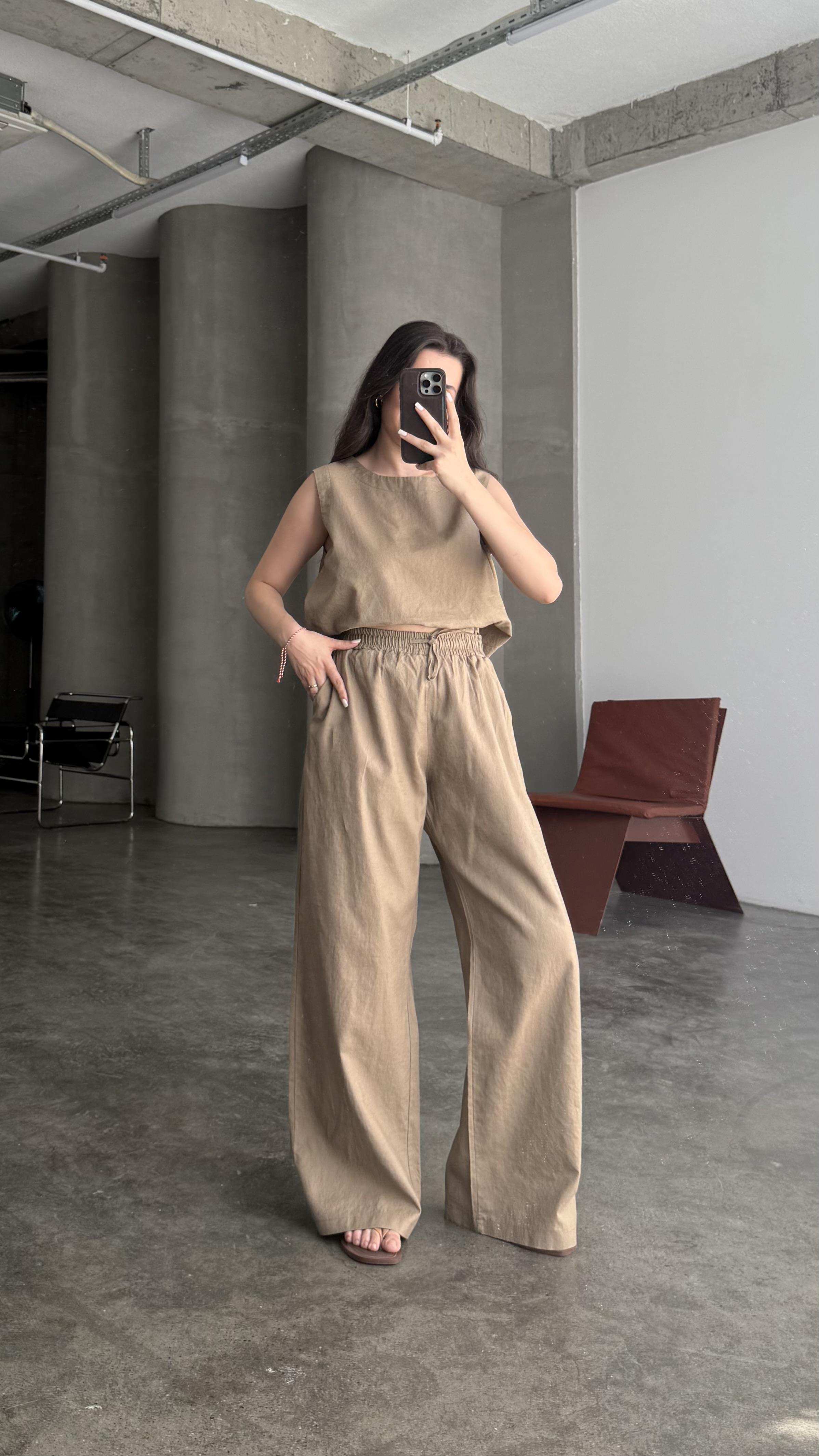 Ham Keten Kahve Sıfır Kol Bluz Pantalon Takım