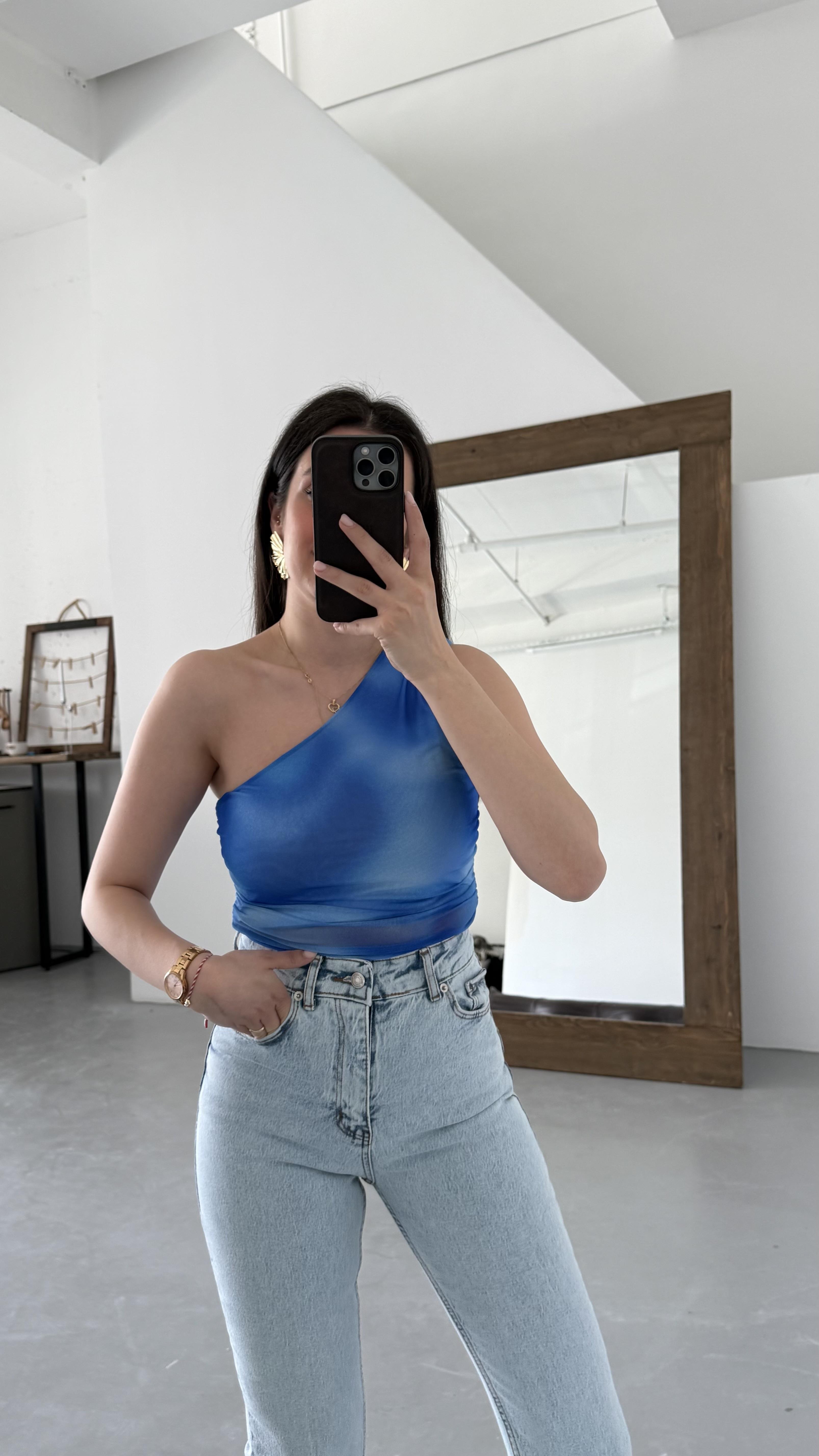 Hım Mavi Tül Tek Kol Verevli Bluz