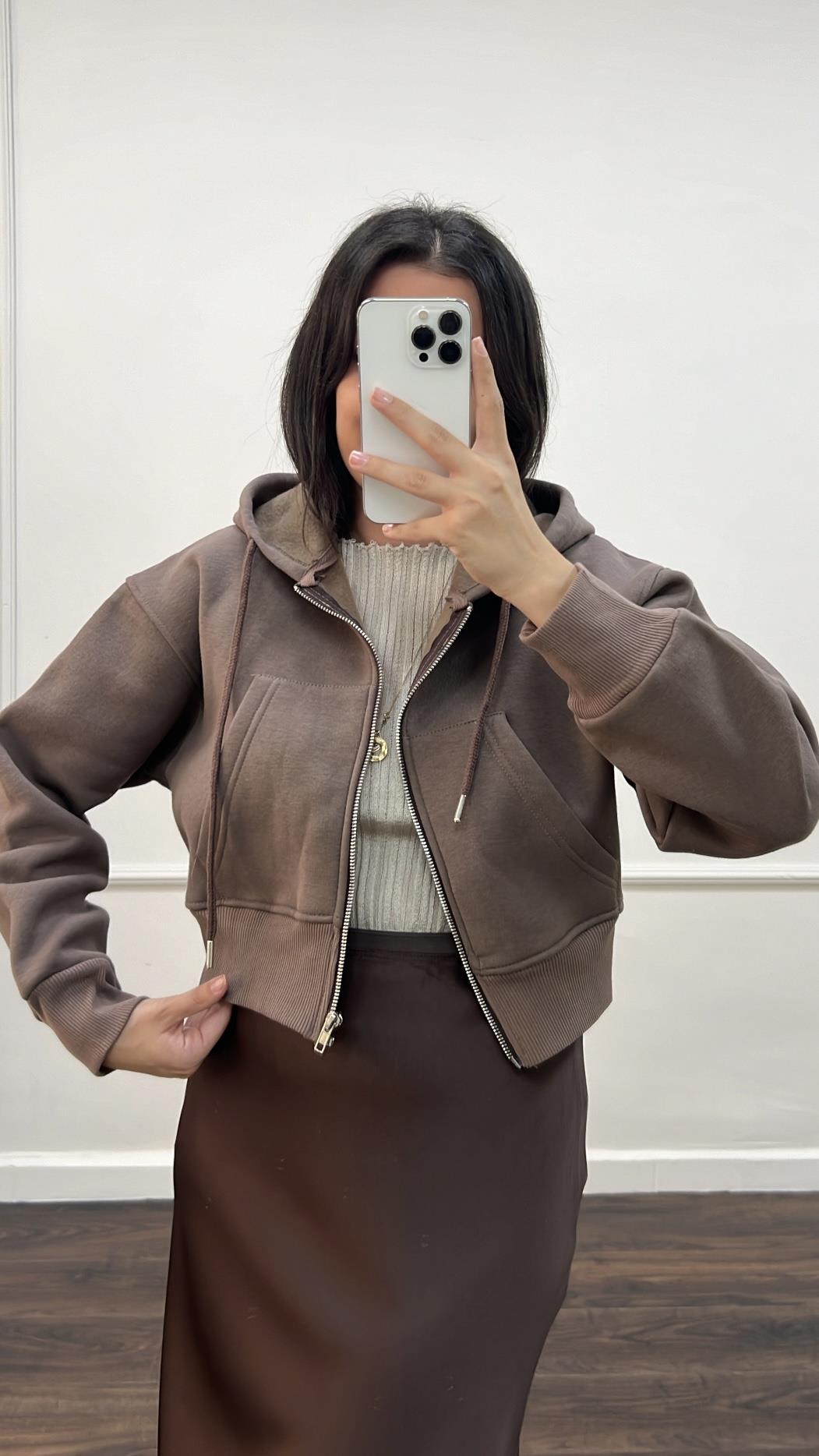 Kahve Pamuklu Crop Kapşonlu Sweat