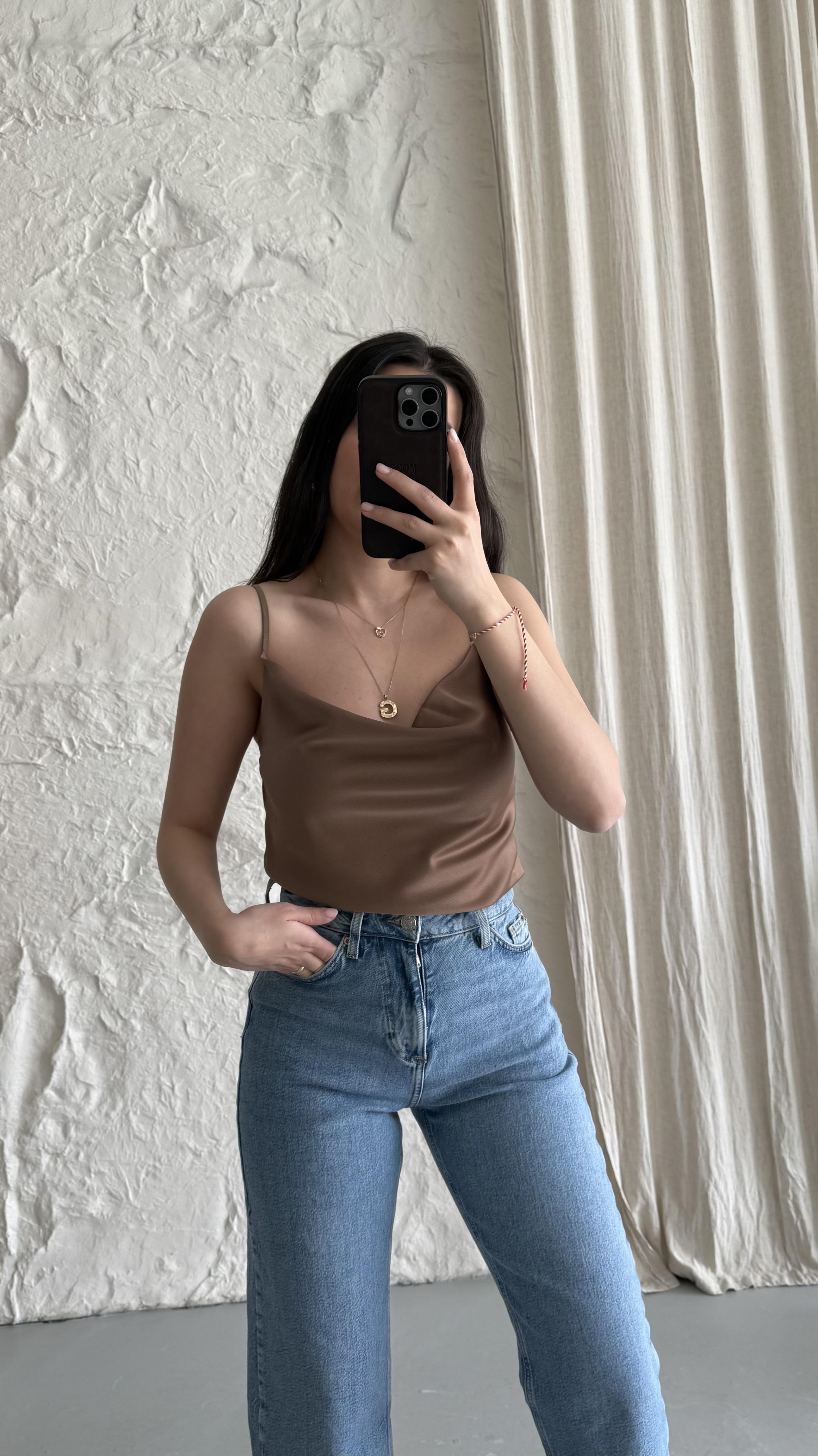 Kahve Saten İp Askılı Bluz