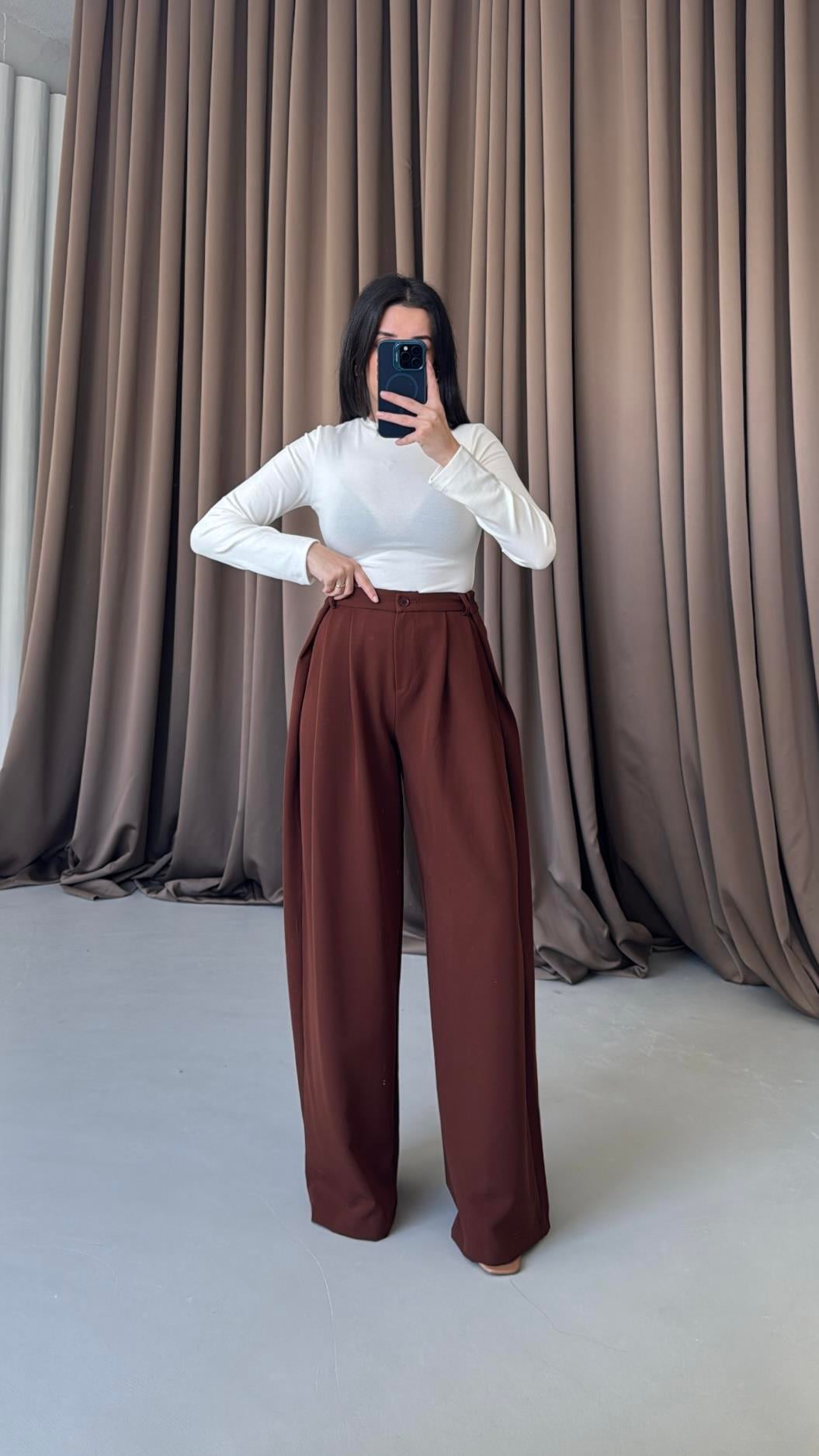Kahve Yüksek Bel Premıum Pensli Wide Leg Kumaş Pantolon