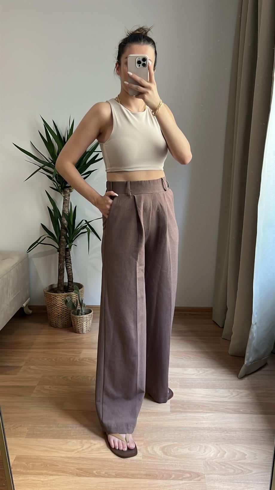 KAHVERENGİ BEL LASTİKLİ KETEN PANTOLON