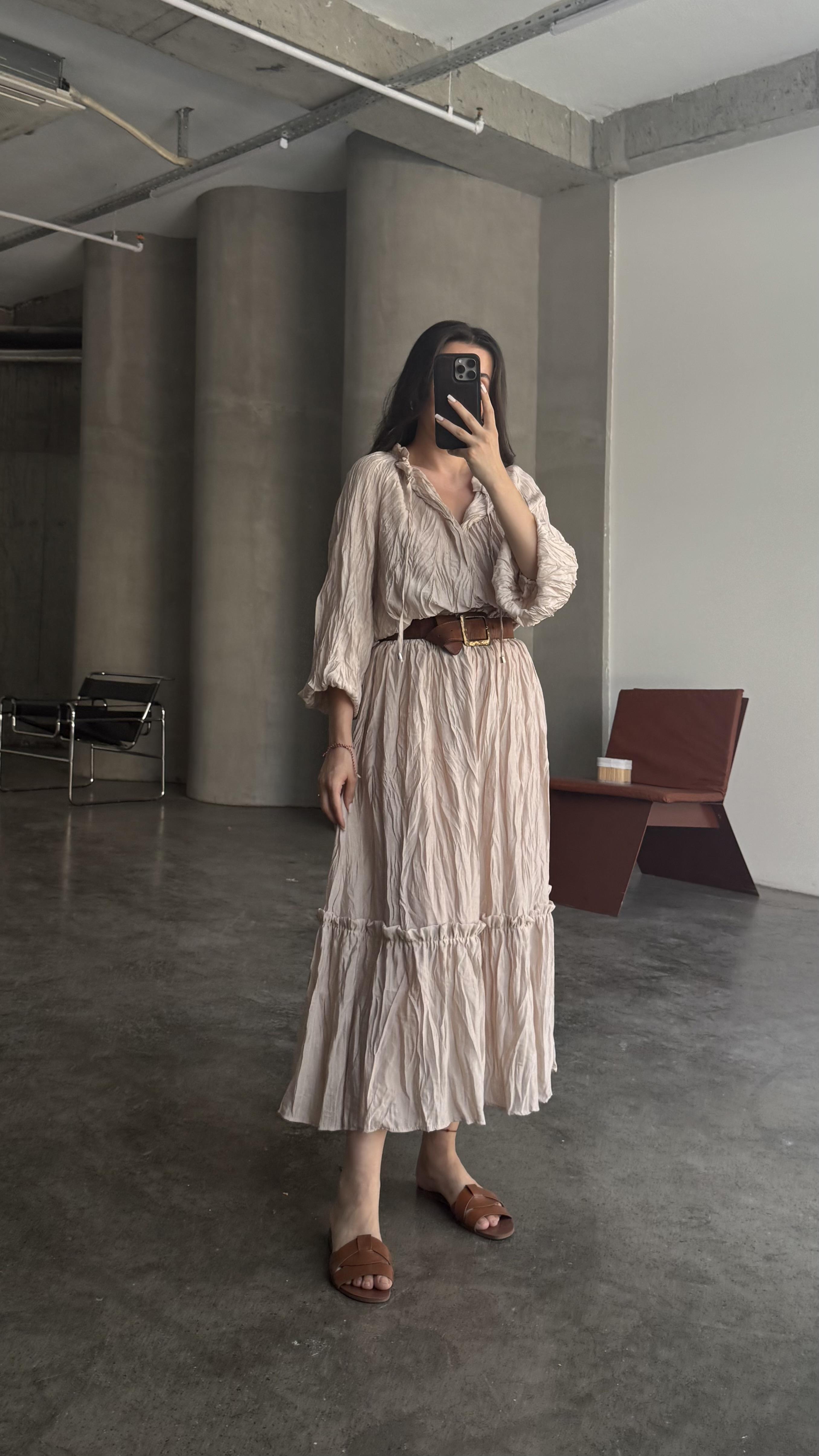 Kırışık Ekru Etek Bluz takım